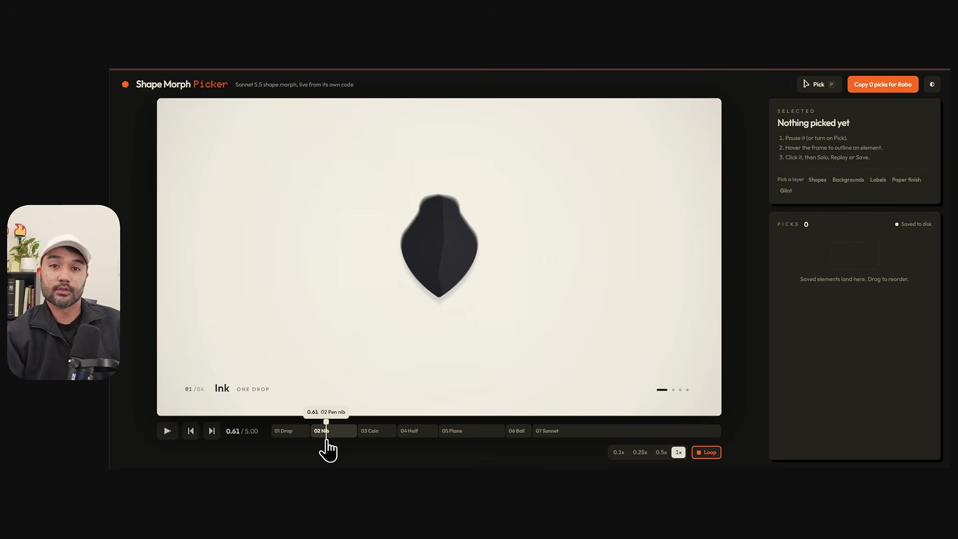 Shape Morph project open in a browser-based editor with the composed animation playing and a layer list on the right