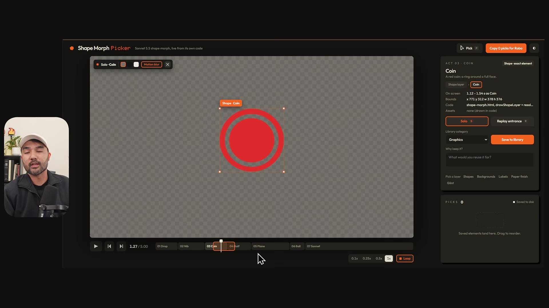 The same editor with the other layers hidden: one Coin layer isolated on a transparent checkerboard