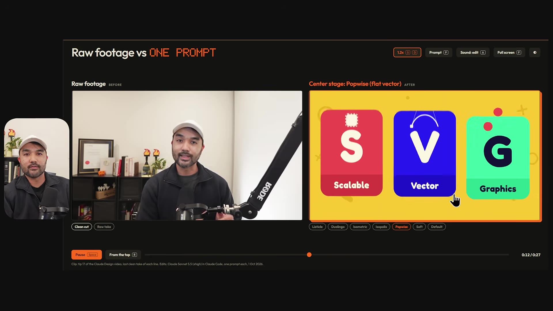The same clip in the Popwise flat vector design system, a yellow field with a flat purple icon