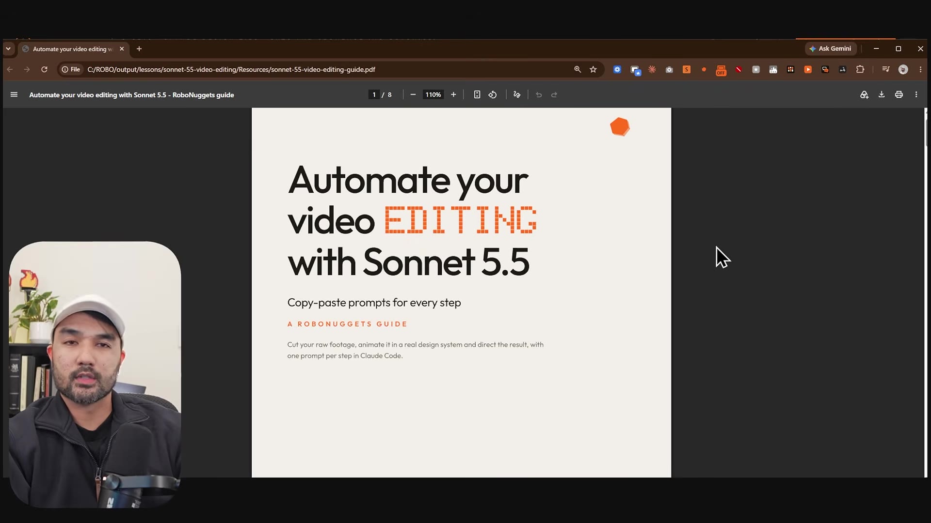 Cover page of the PDF guide "Automate your video editing with Sonnet 5.5, copy-paste prompts for every step, a RoboNuggets guide"
