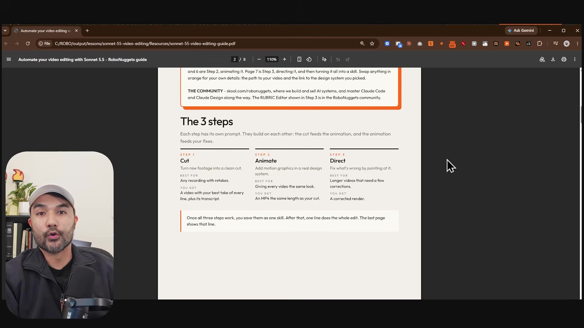 Inside page of the PDF guide headed "The 3 steps" with Cut, Animate and Direct columns