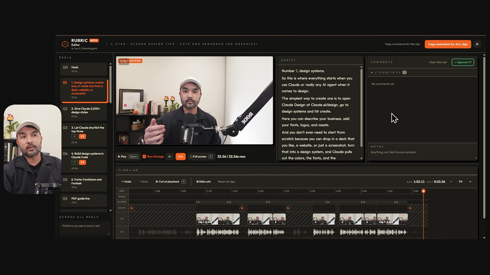 Rubric editor with the transcript pane, the list of kept clips and the cut timeline with waveform