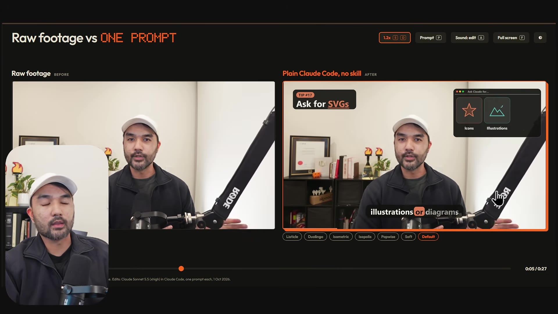 Raw footage vs ONE PROMPT: the "Plain Claude Code, no skill" default animation of the SVG tip