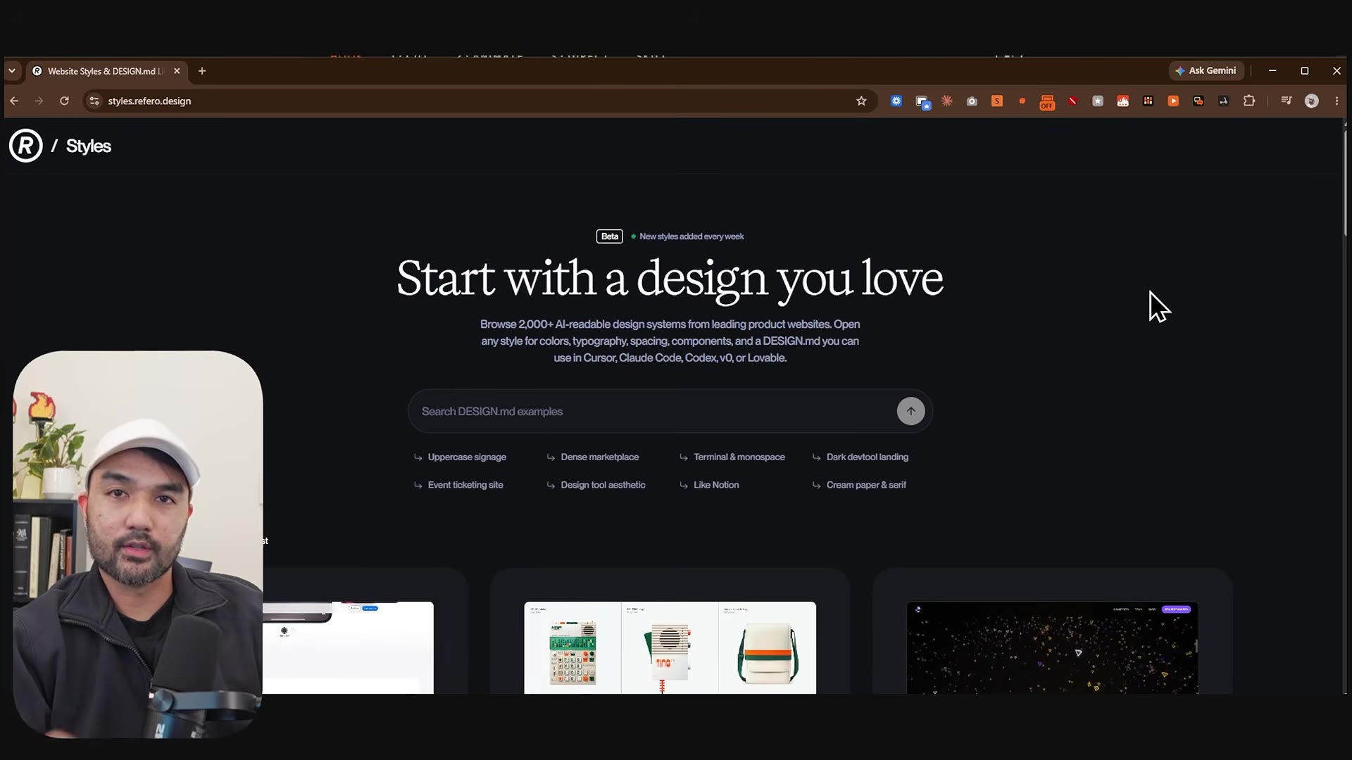 styles.refero.design homepage: "Start with a design you love", 2,000+ AI-readable design systems with a DESIGN.md