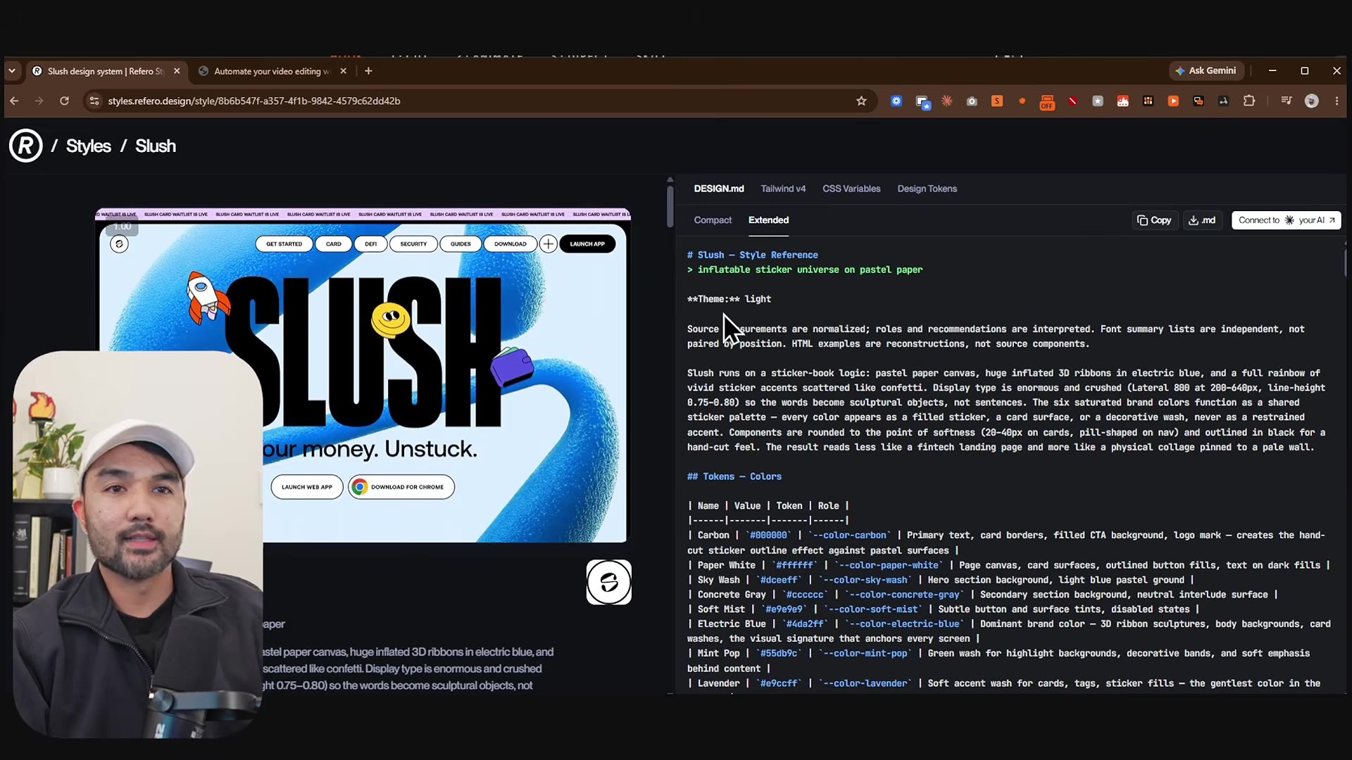 The Slush style page on styles.refero.design with its DESIGN.md open beside the site preview