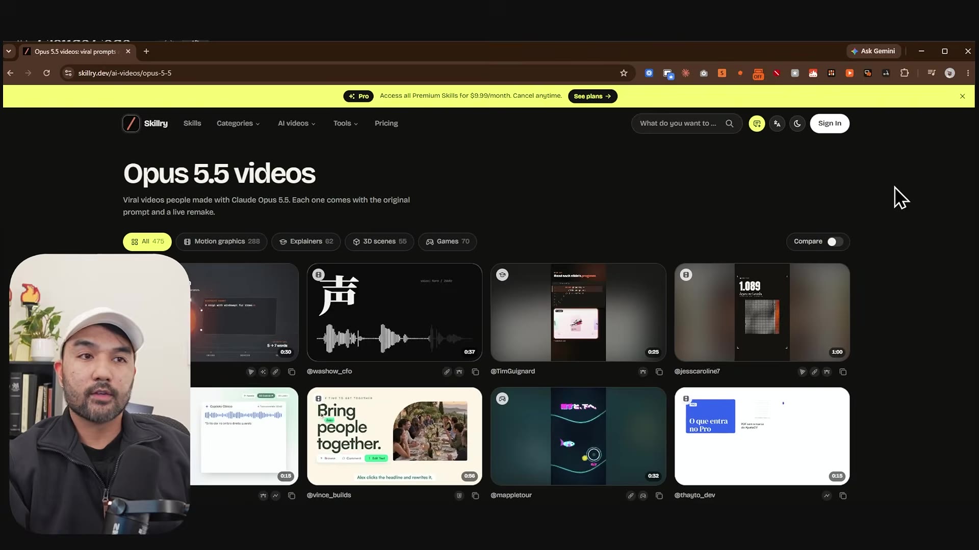 skillry.dev "Opus 5.5 videos" gallery with 475 videos filtered by Motion graphics, Explainers, 3D scenes and Games