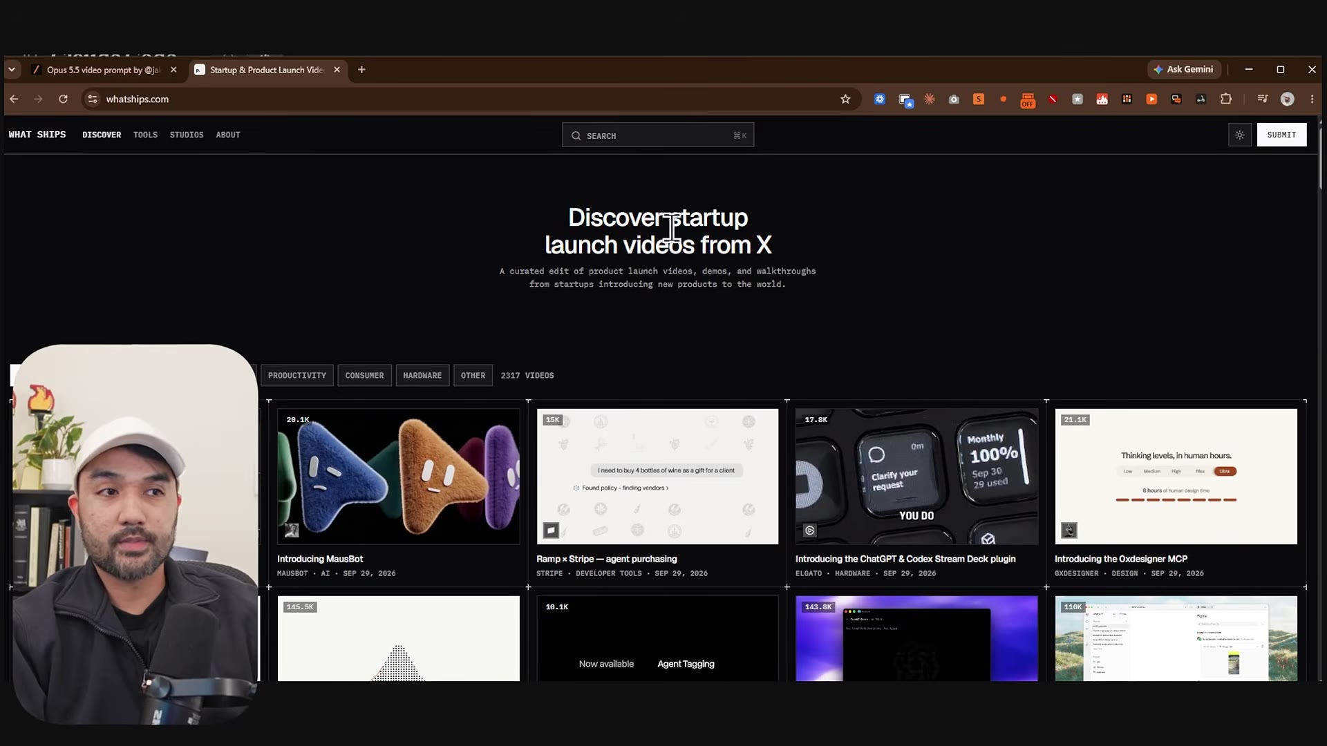 watchships.com: "Discover startup launch videos from X" gallery
