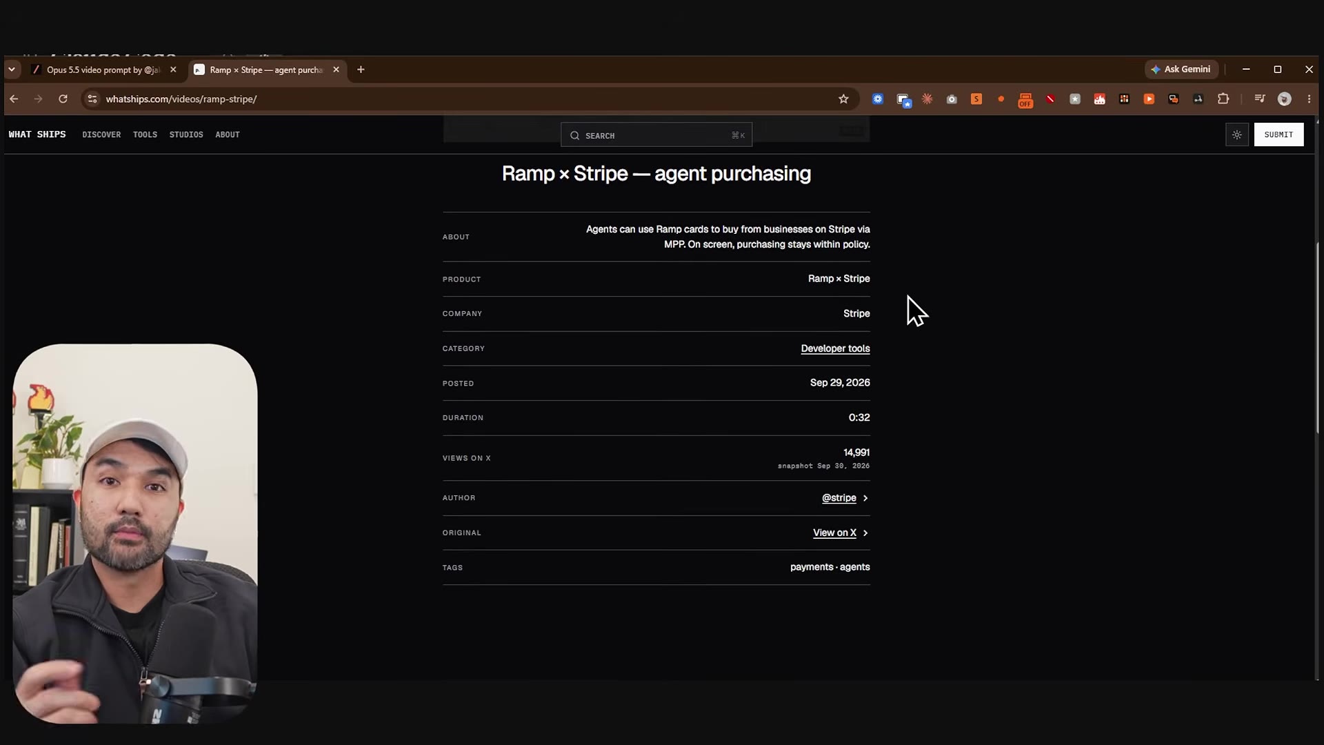 watchships.com detail page for "Ramp x Stripe, agent purchasing" with the source X post linked