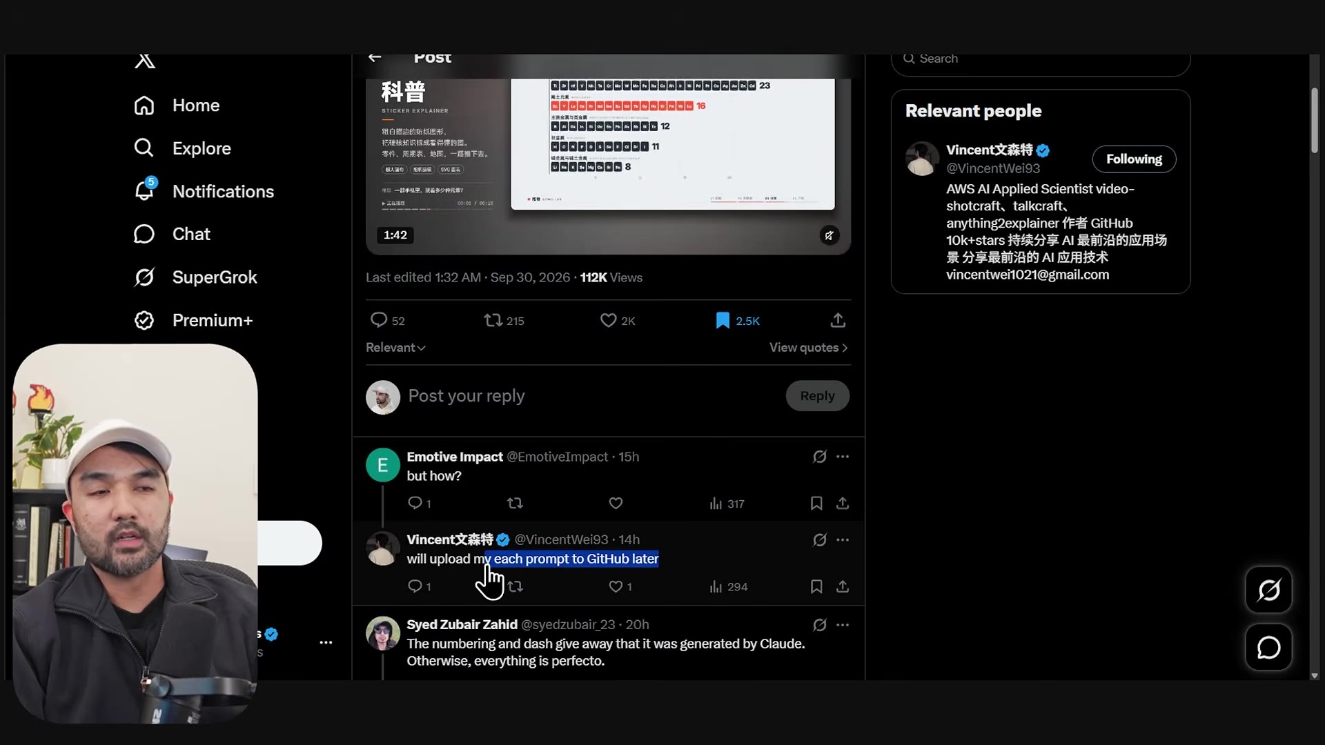 The reply thread under the post: "will upload each prompt to GitHub later"