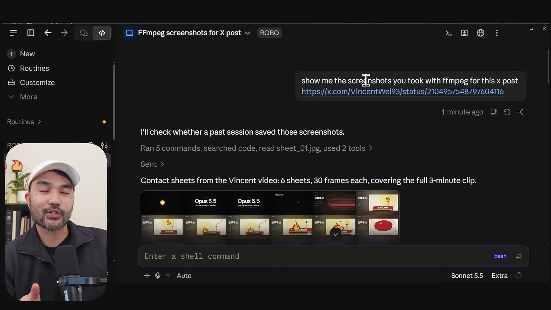 Claude Code session "FFmpeg screenshots for X post": the request and Claude's reply about six contact sheets of 30 frames