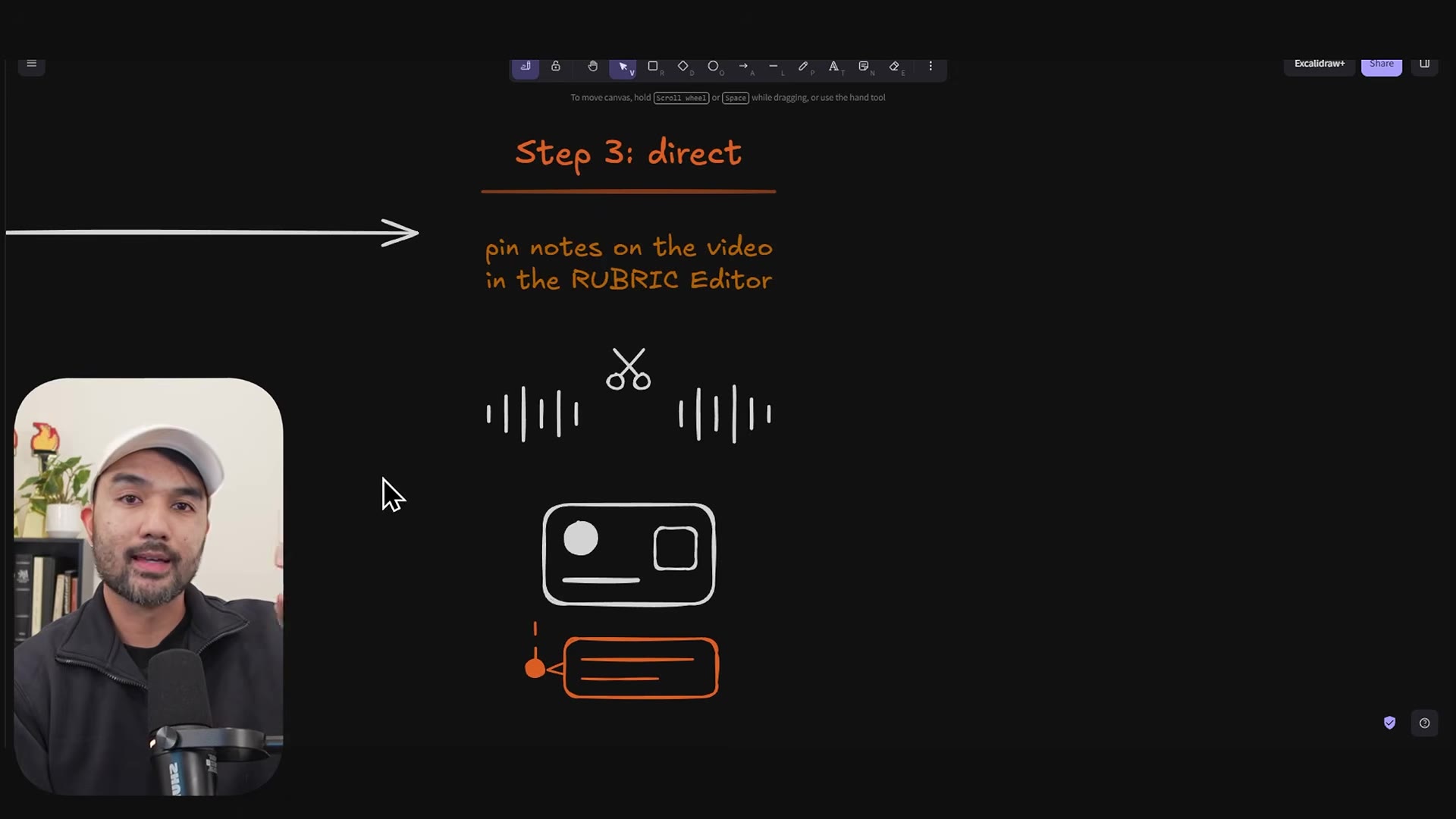 Slide: Step 3: direct, pin notes on the video in the RUBRIC Editor