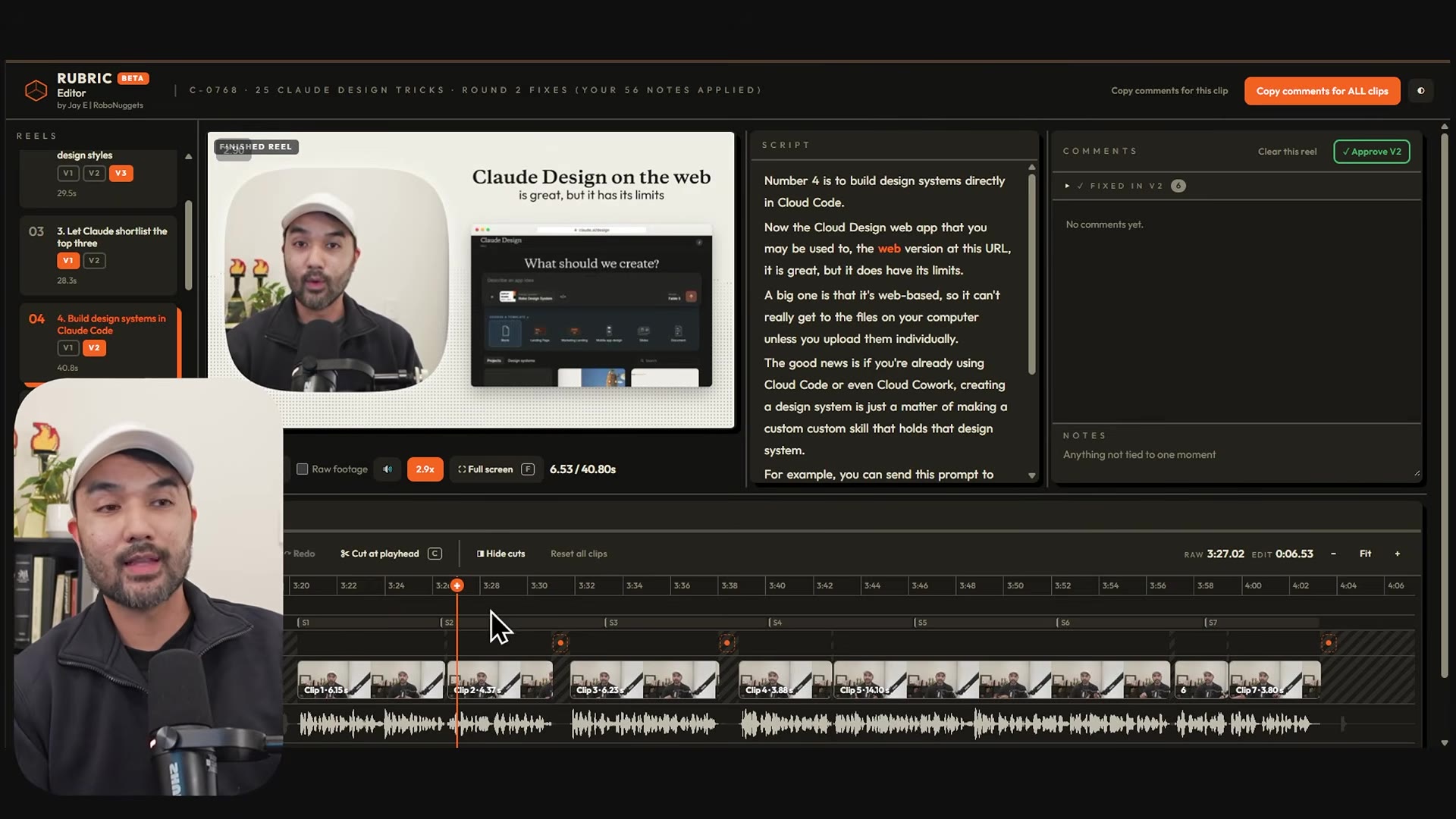 Version two of the "Claude Design on the web" clip in the Rubric editor, showing a screenshot of the real Claude Design interface
