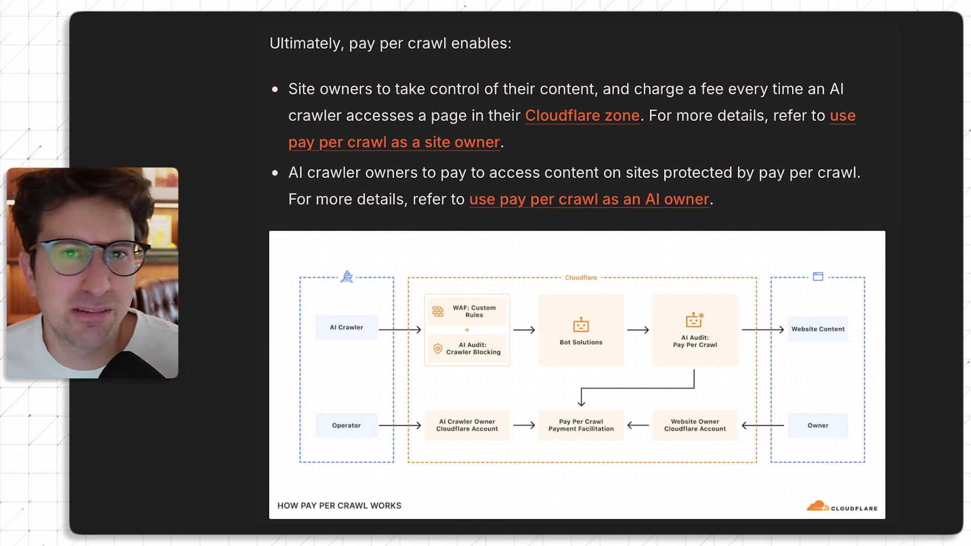 Real Cloudflare How Pay Per Crawl Works architecture diagram embedded in the video, showing AI Crawler and Operator flowing through WAF, Bot Solutions, AI Audit into Website Content, with a payment-facilitation path back to the Website Owner's Cloudflare account
