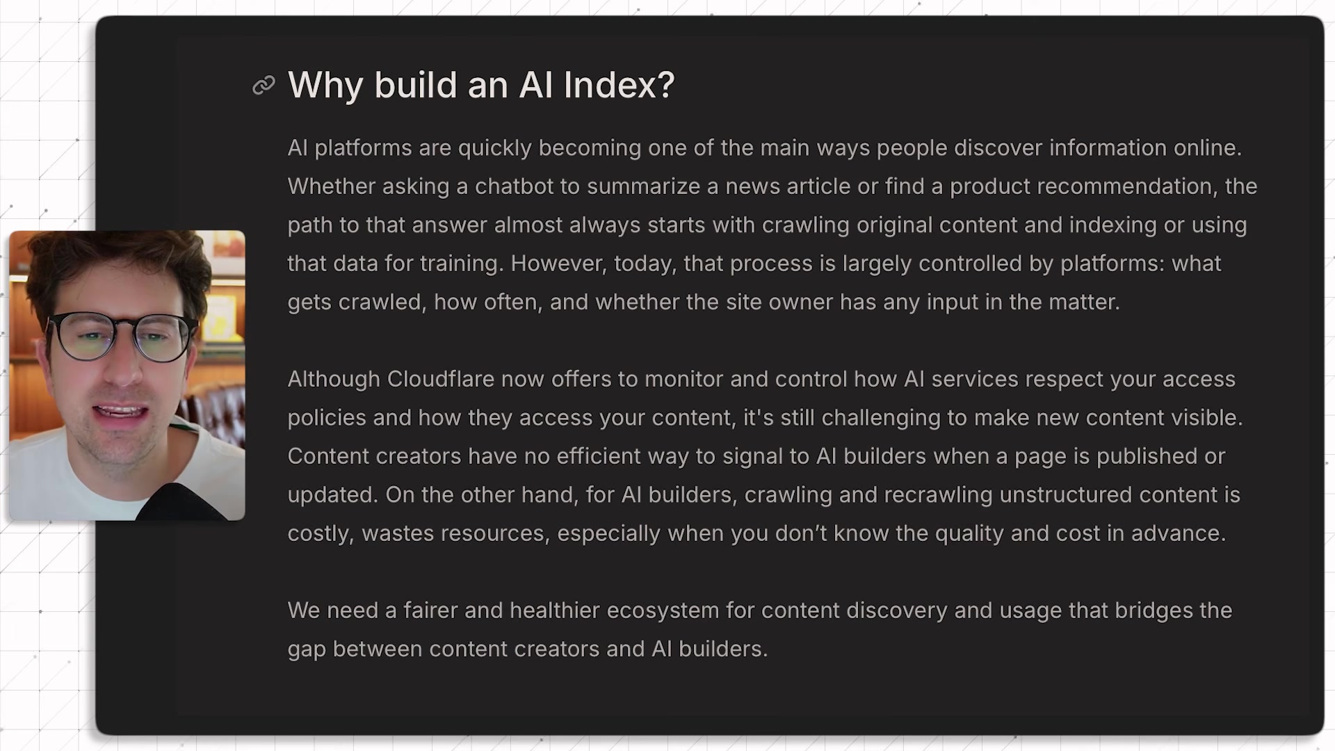 Screenshot of Cloudflare's actual Why build an AI Index blog text, describing the gap between content creators and AI builders