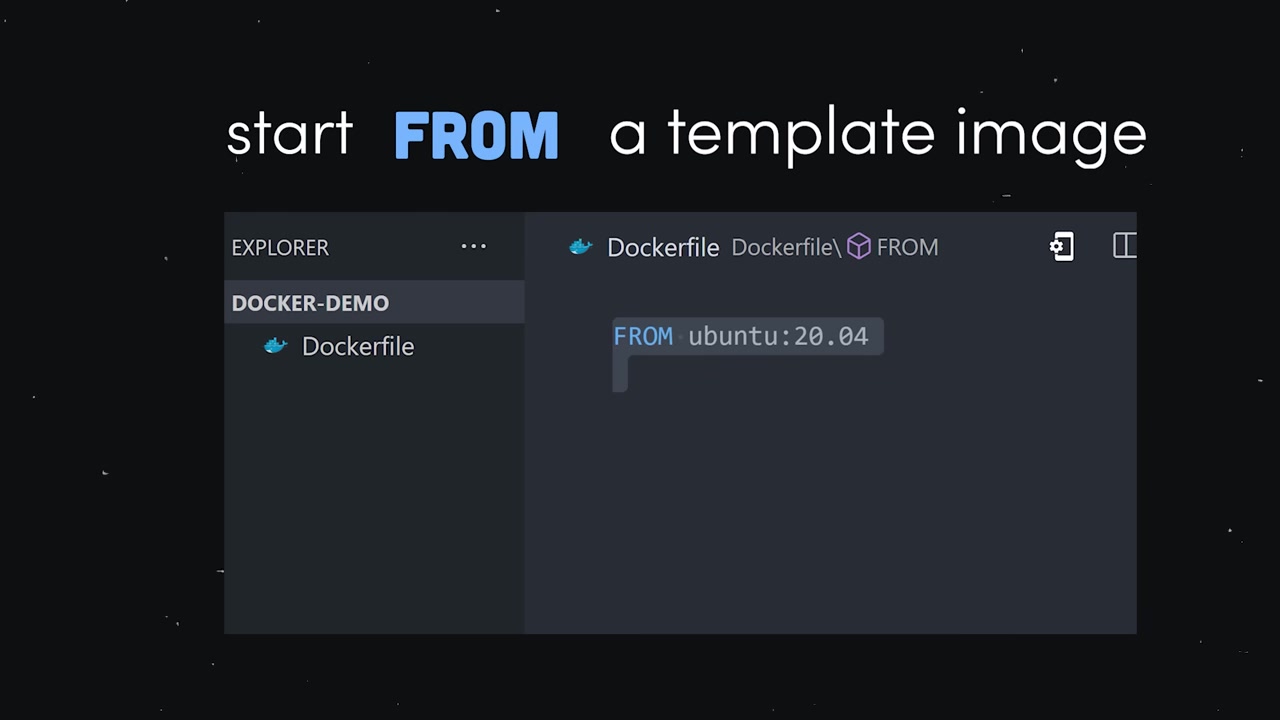 Dockerfile open in an editor showing FROM ubuntu 20.04