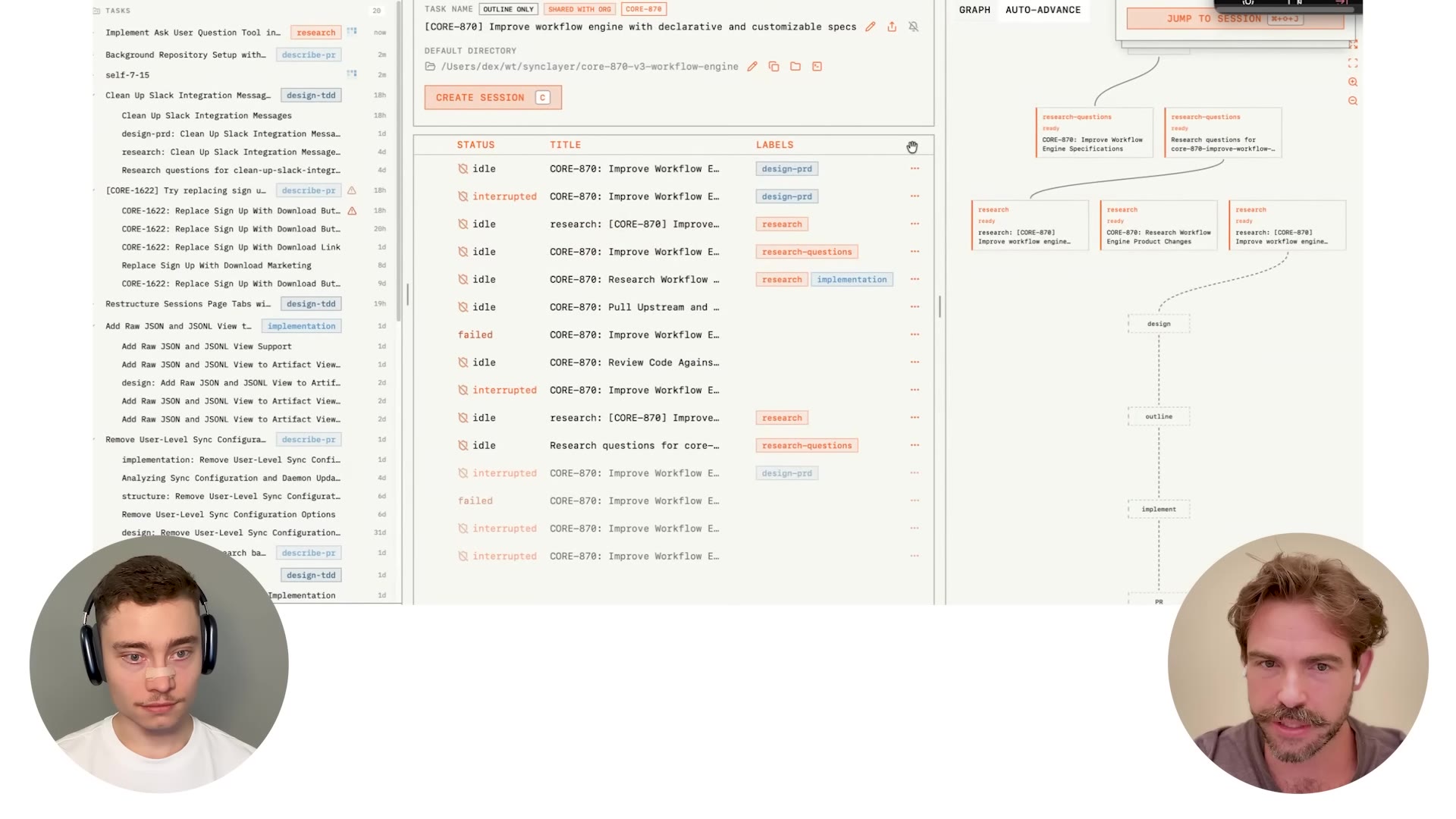 Dex's HumanLayer tool showing labeled workflow sessions and a research-to-PR graph