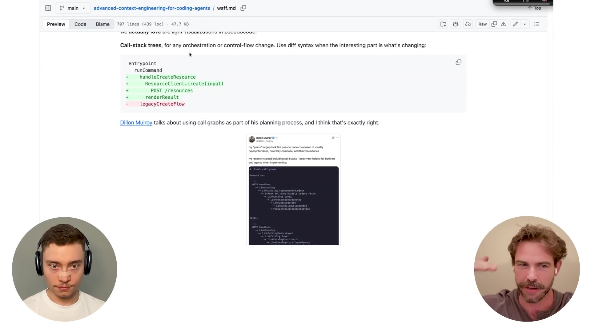 Program-design "call-stack trees" in Dex's write-up, with a Dillon Mulroy tweet