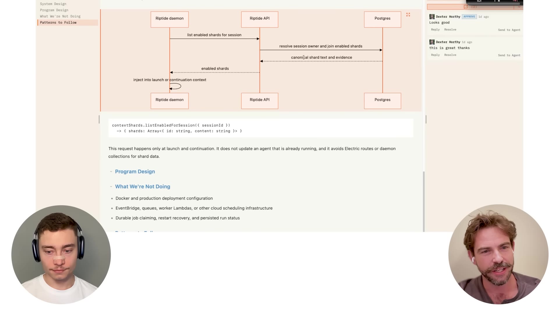 A live program-design doc: a sequence diagram, method signatures, a "what we're not doing" list, and synced review comments