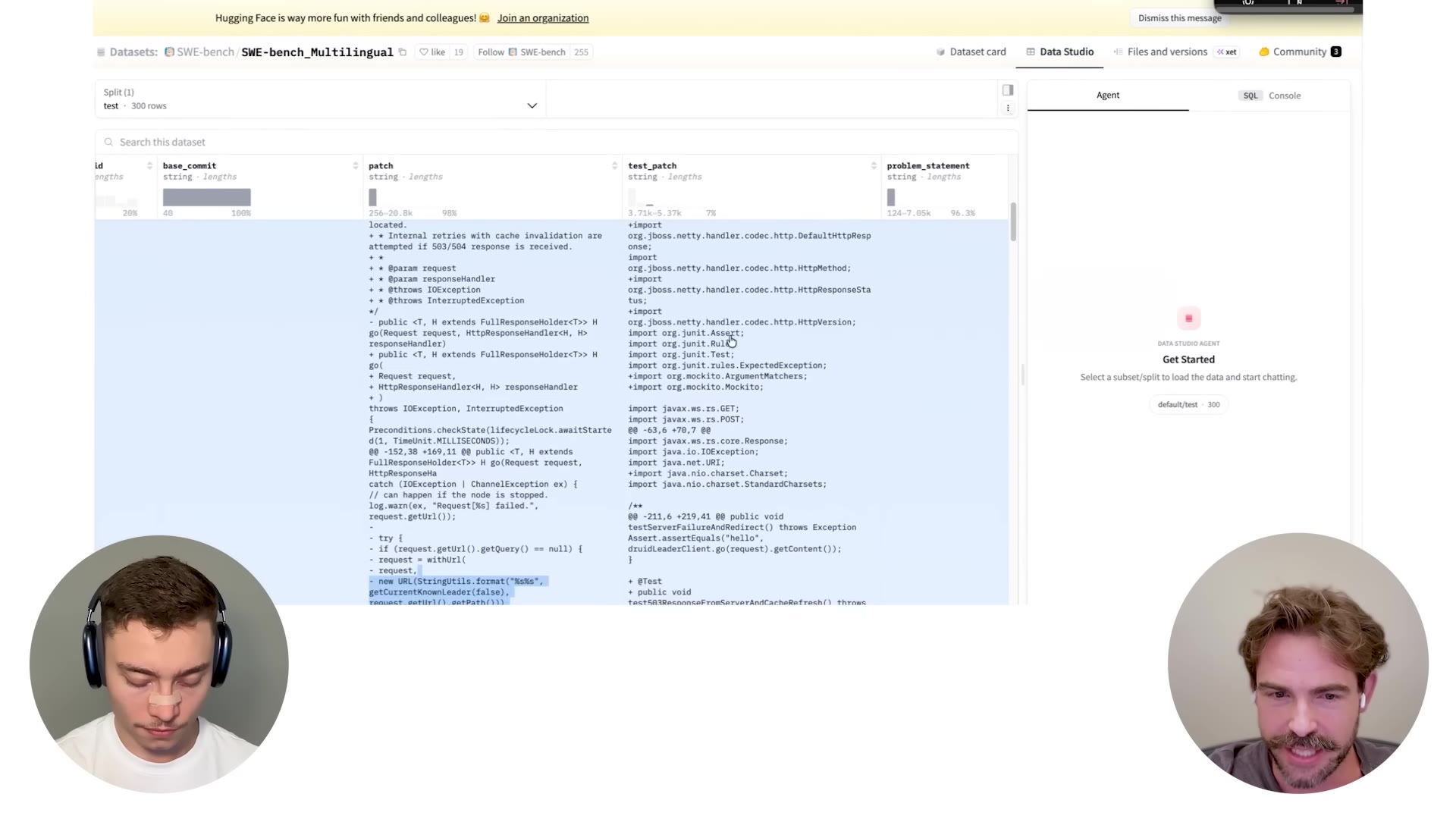 The SWE-bench_Multilingual dataset on Hugging Face, showing patch/test_patch/problem columns