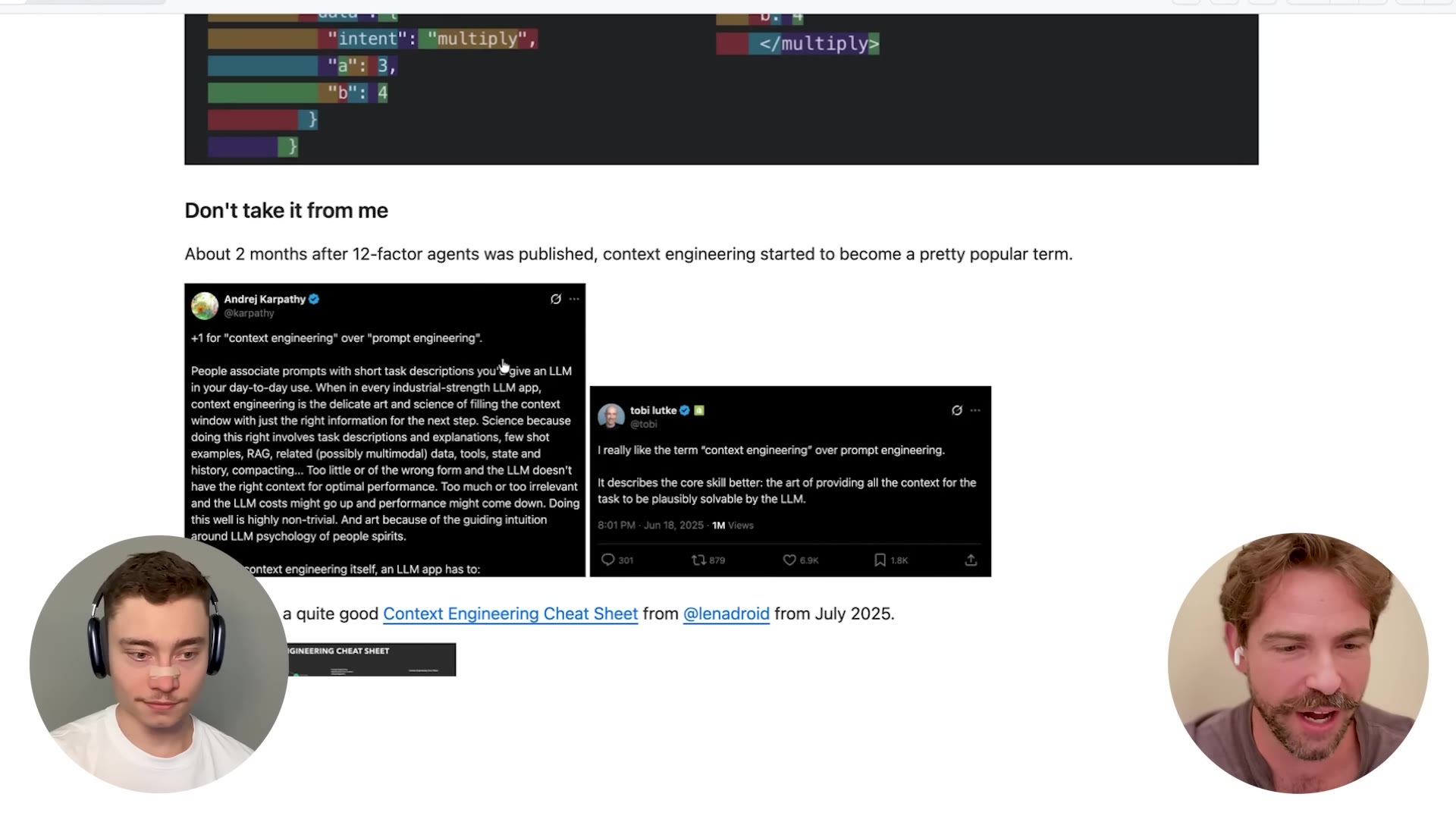 The Karpathy and Tobi Lutke tweets endorsing "context engineering" over "prompt engineering"