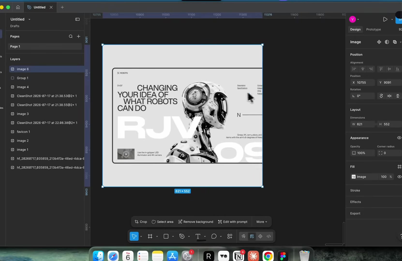 Original robot reference image selected in Figma, with the image edit toolbar visible