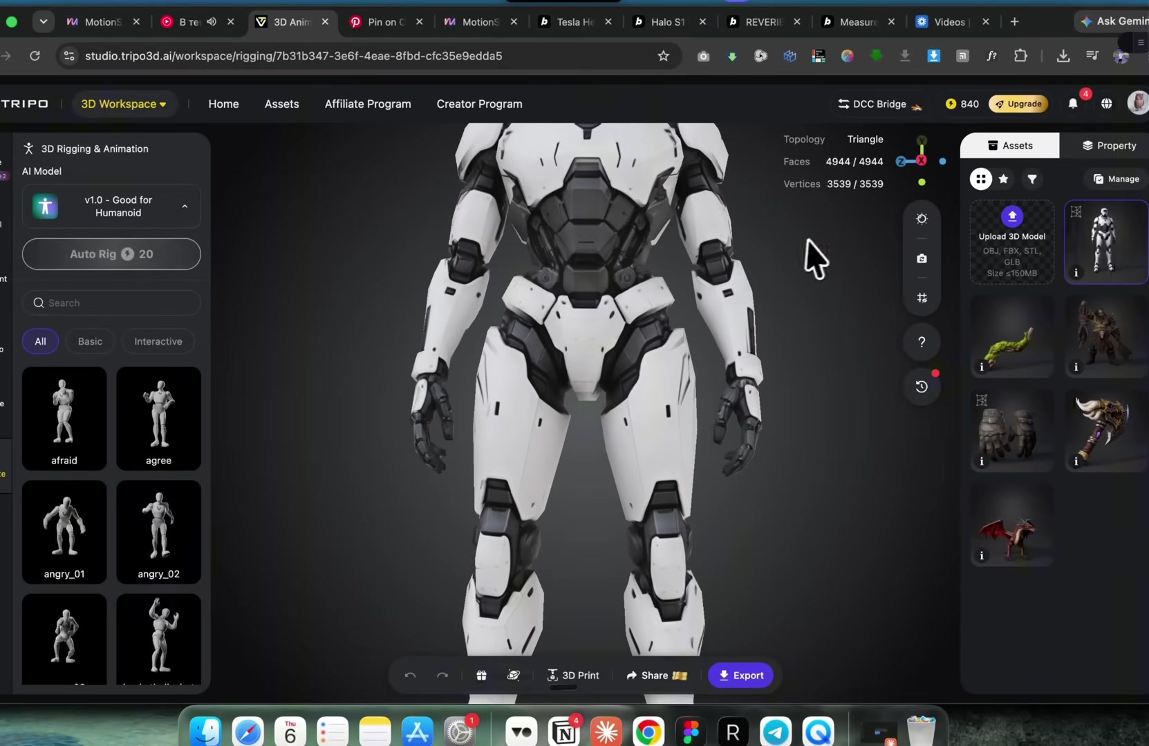 Tripo3D's 3D Rigging and Animation panel, Auto Rig button, Good for Humanoid model selected