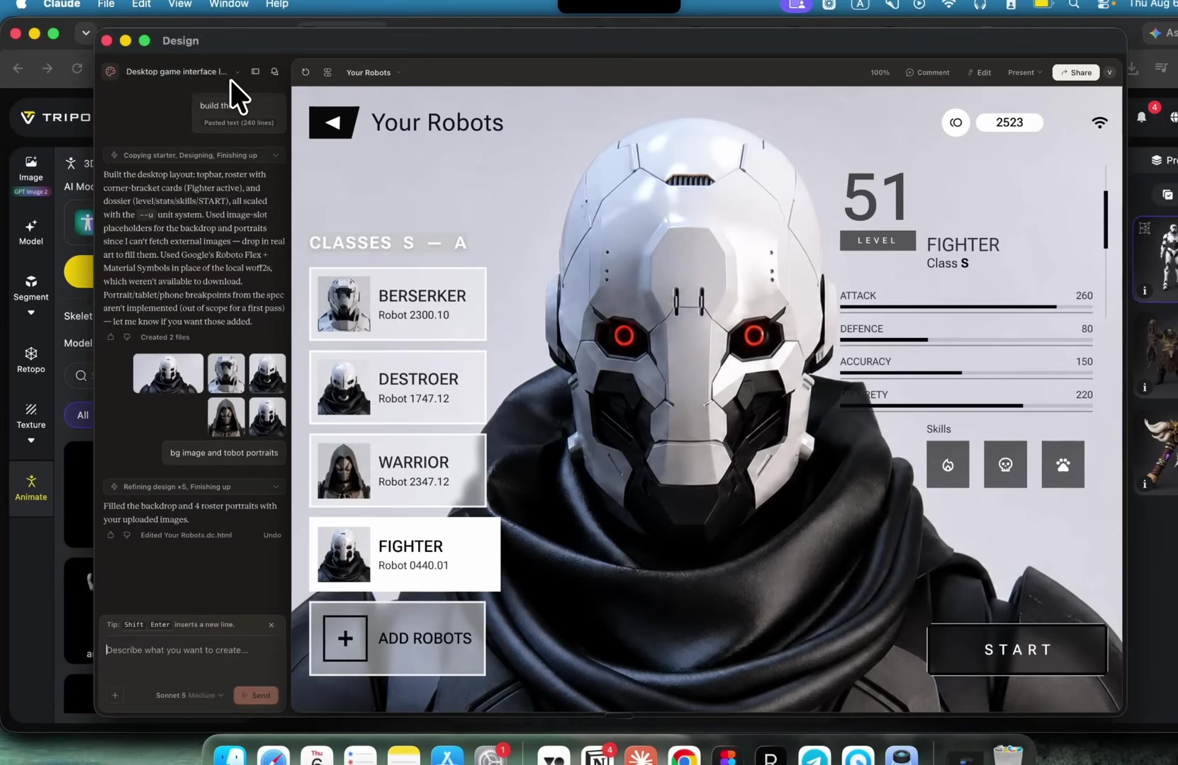 Claude Design mid-build: chat log showing it created 2 files and generated character portrait images