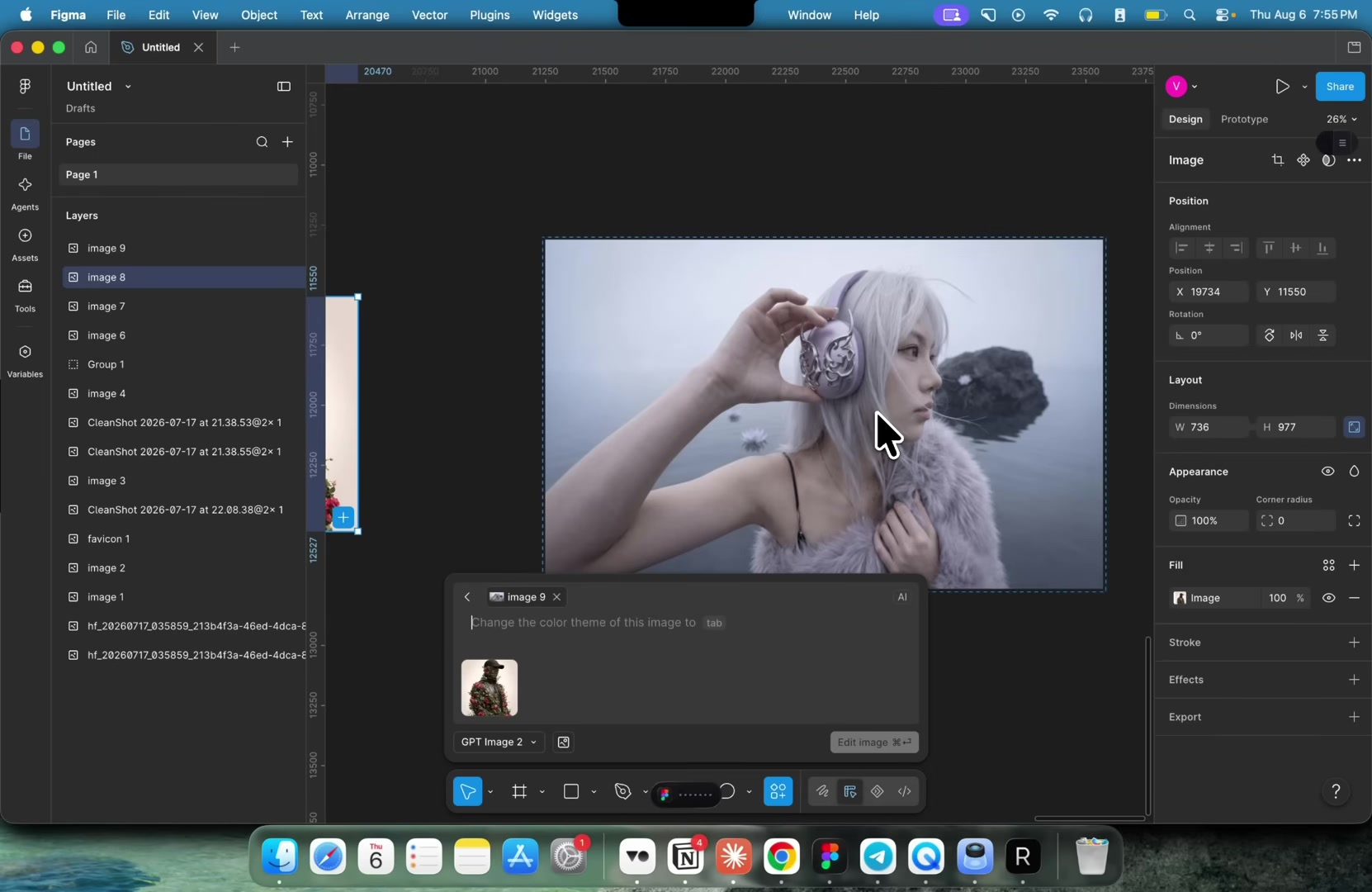 GPT Image 2 edit-with-prompt panel applied to the headphone image, two crops shown side by side