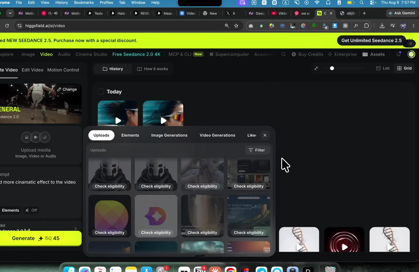 Higgsfield.ai's video tab, showing the Uploads asset library grid