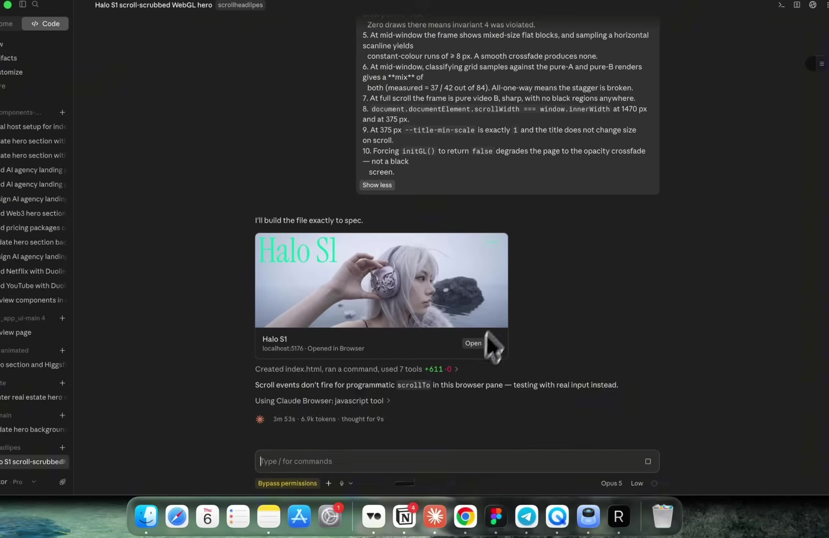 Cursor build log for a Halo S1 scroll-scrubbed WebGL hero, with the page opened in a browser preview