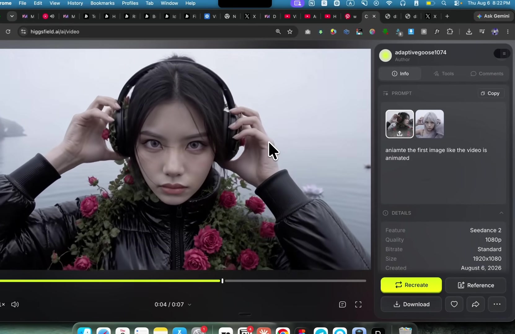 Higgsfield's generated video result: a headphone ad with the prompt "animate the first image like the video is animated" visible