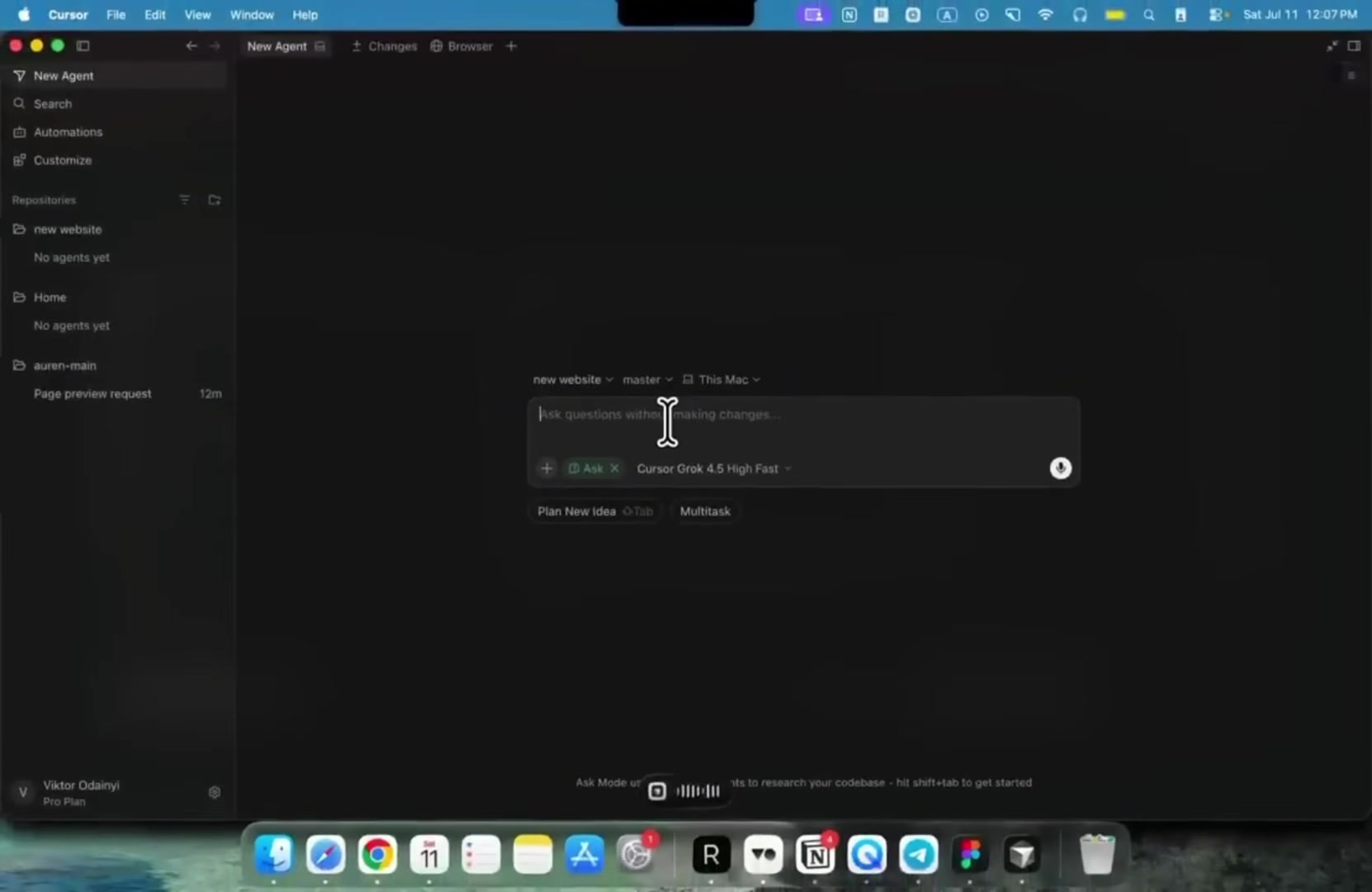 Cursor's blank New Agent screen with the model dropdown set to Cursor Grok 4.5 High Fast