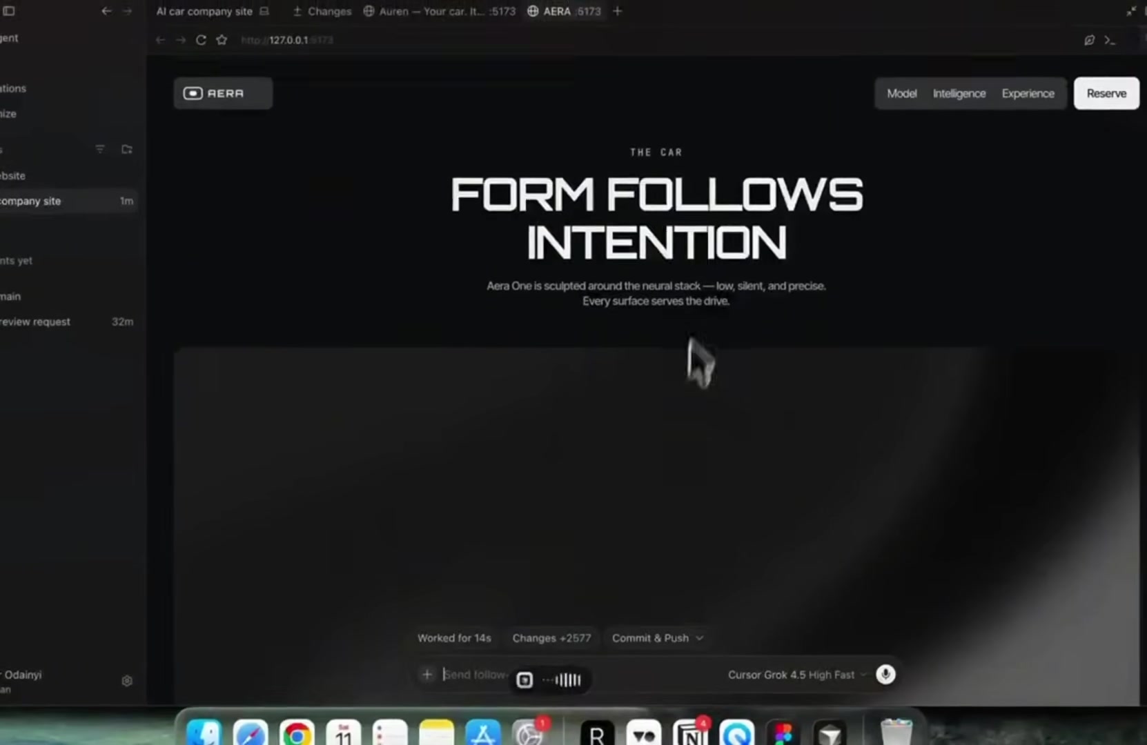 The AERA site's Form Follows Intention hero section, full screen, with an animated dot-matrix car shape
