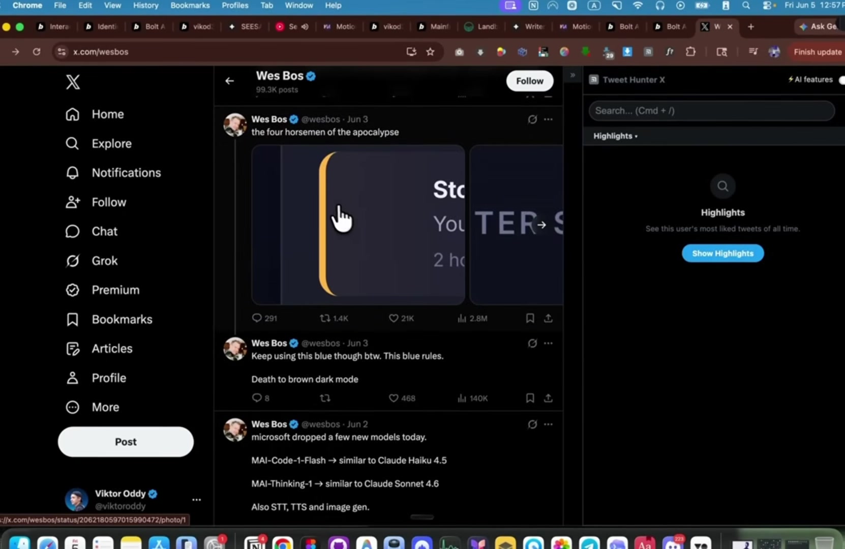 Wes Bos's viral tweet on X, "the four horsemen of the apocalypse," with a scrolling collage of generic AI-website screenshots