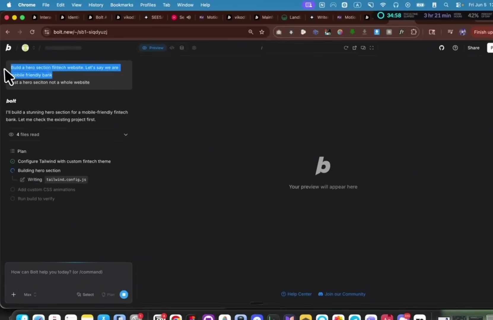 Bolt.new building a Fintech Mobile Bank Hero Section from a plain prompt