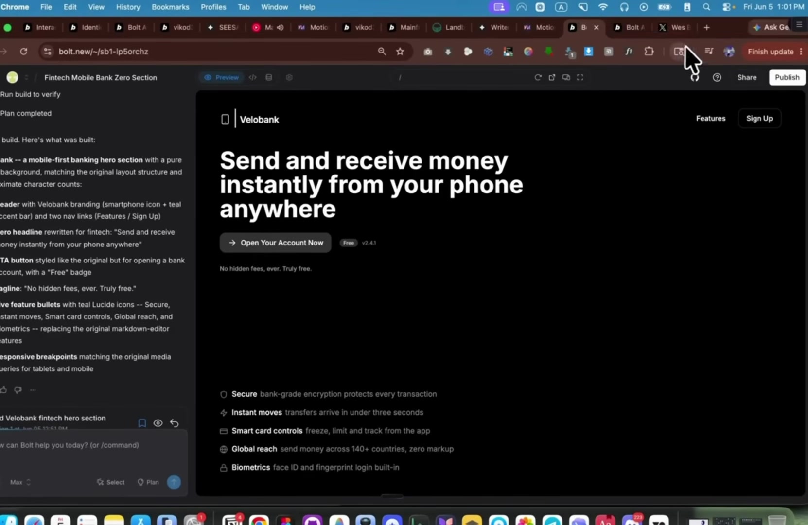 Bolt's finished generic fintech hero: Velobank, a plain mobile-banking landing page