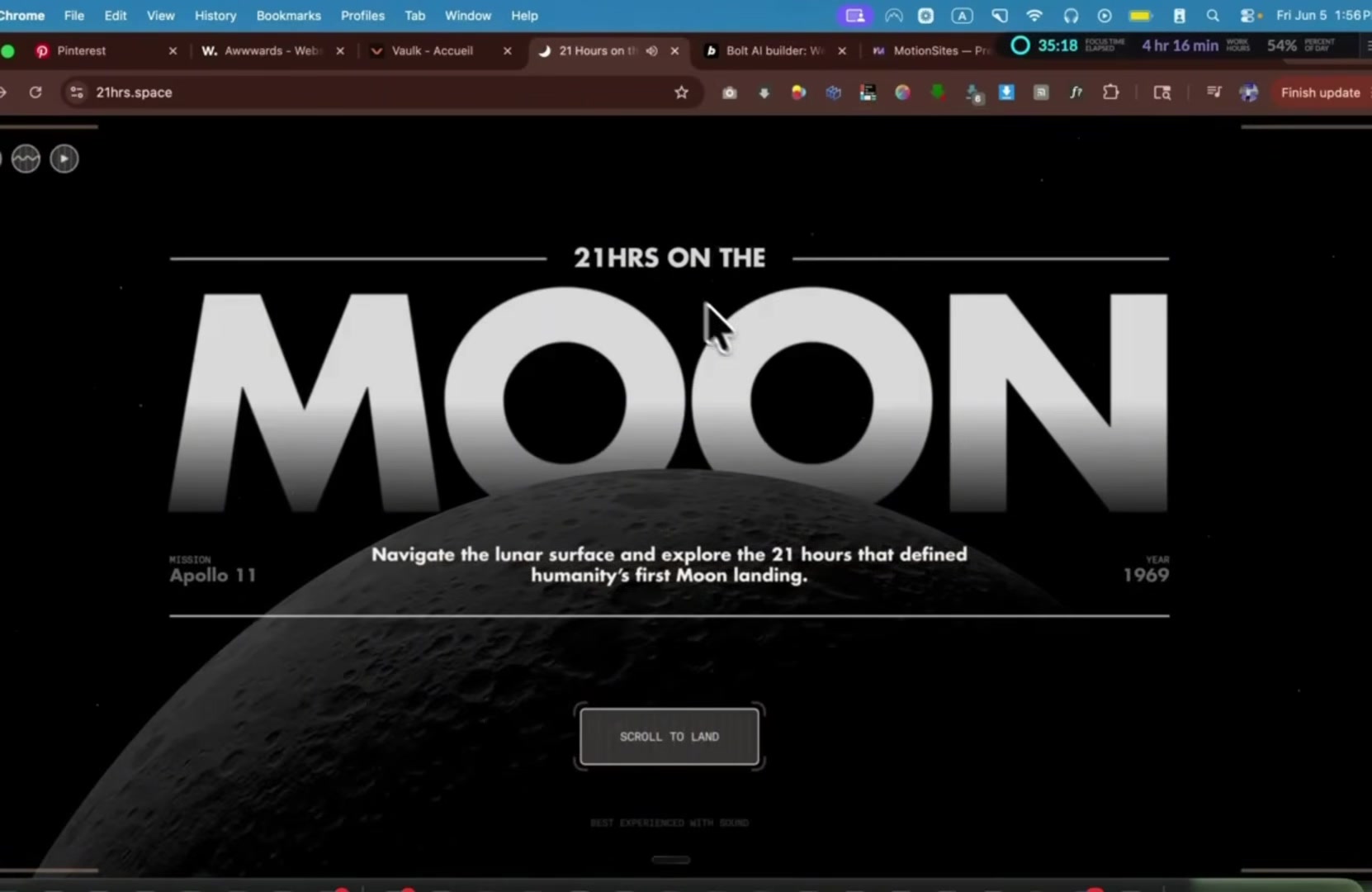 Awwwards browser tab open next to the 21hrs.space reference site, showing a large MOON wordmark masked behind a lunar image