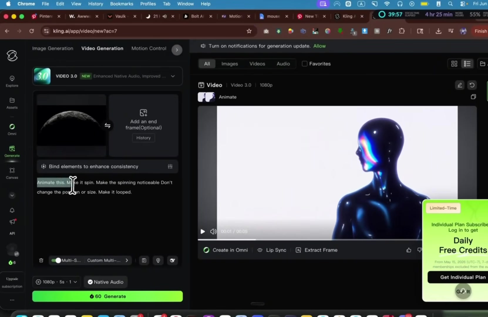Kling AI's video generation page with the prompt: Animate this. Make it spin. Make the spinning noticeable. Don't change the position or size. Make it looped.
