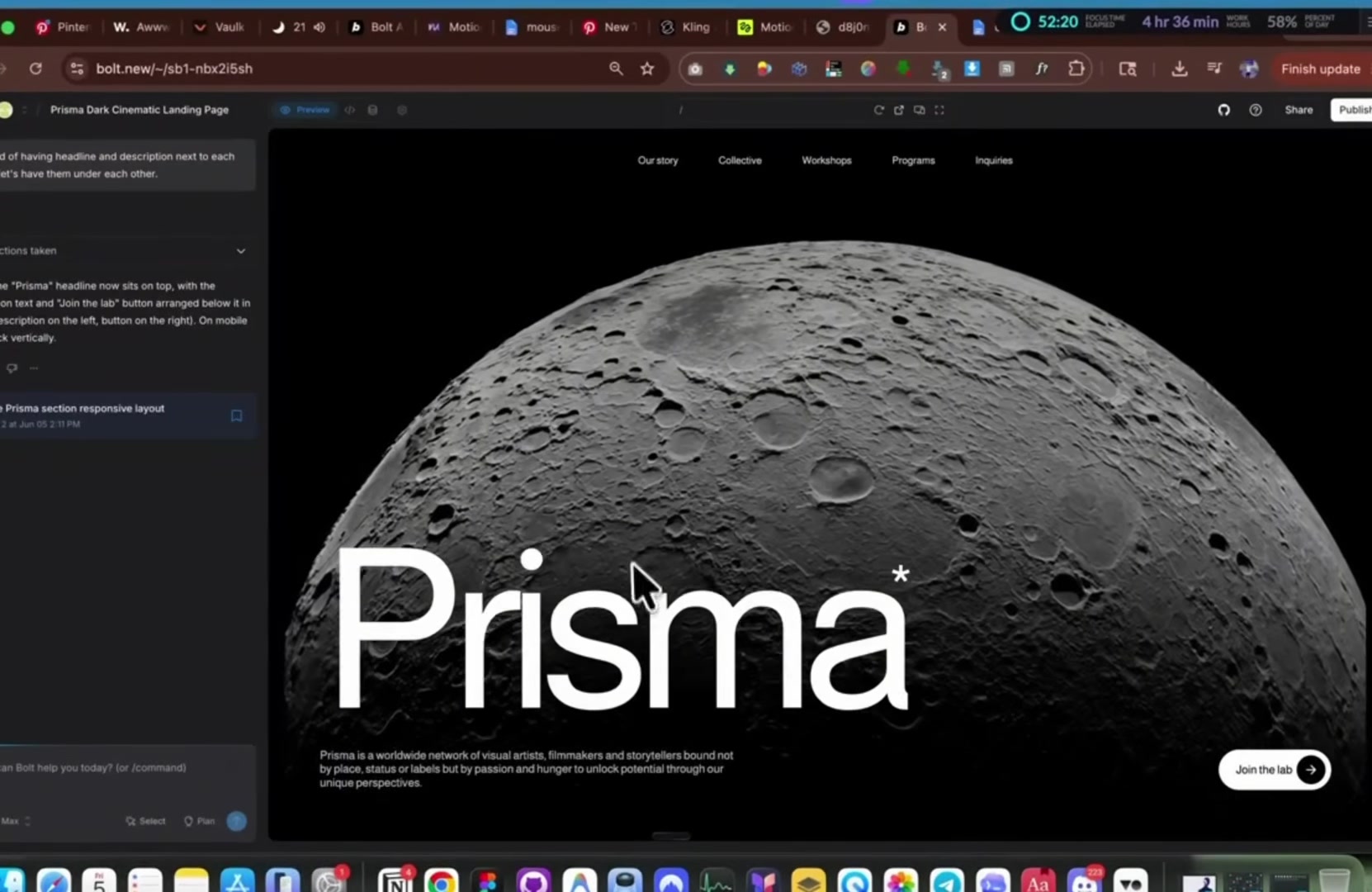 Bolt.new's finished Prisma Dark Cinematic Landing Page hero, moon image full width, Join the lab CTA