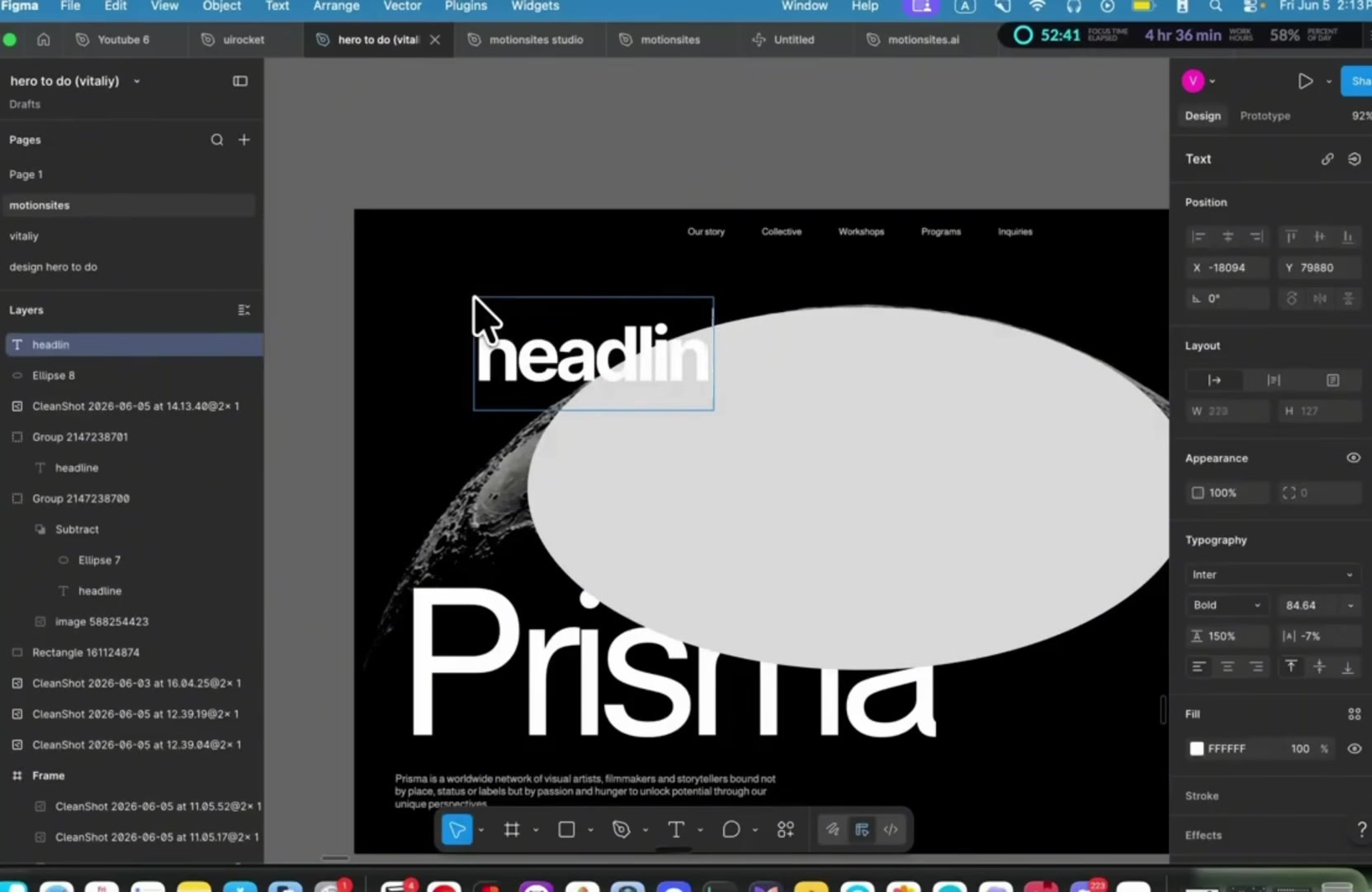 Figma file showing a headline text layer and an ellipse with a Subtract boolean operation applied, over the Prisma moon design