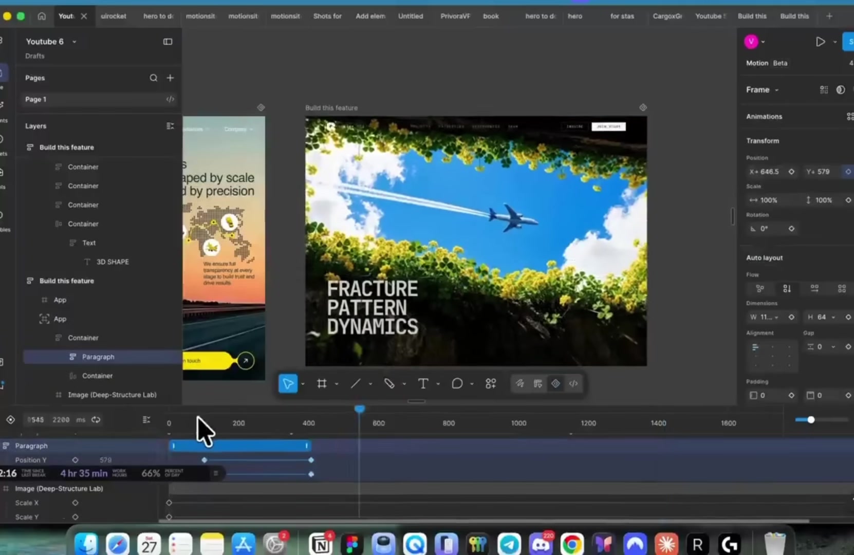 Figma's Motion (Beta) panel animating a Fracture Pattern Dynamics feature card with an airplane photo