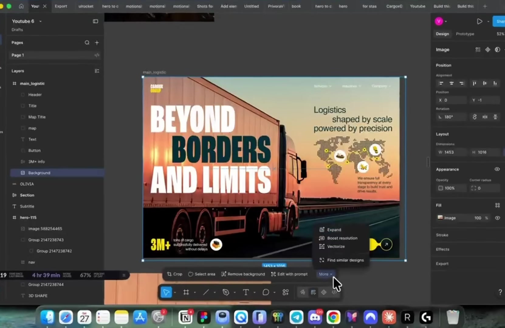 Figma's More menu open on a truck-hero image, showing Expand, Boost resolution, Vectorize, and Find similar designs