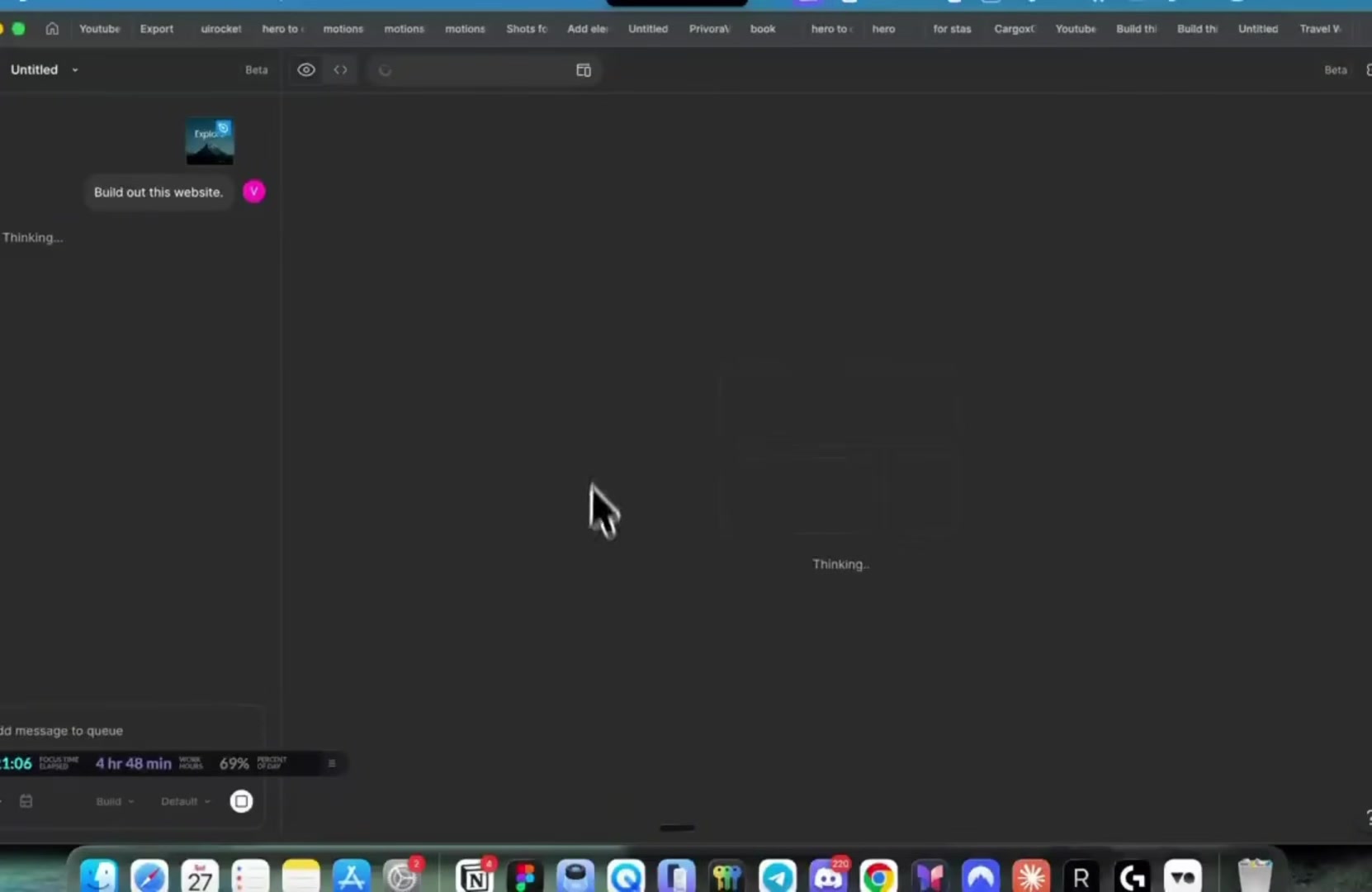Figma Make's build panel: Build out this website prompt sent, response Thinking...