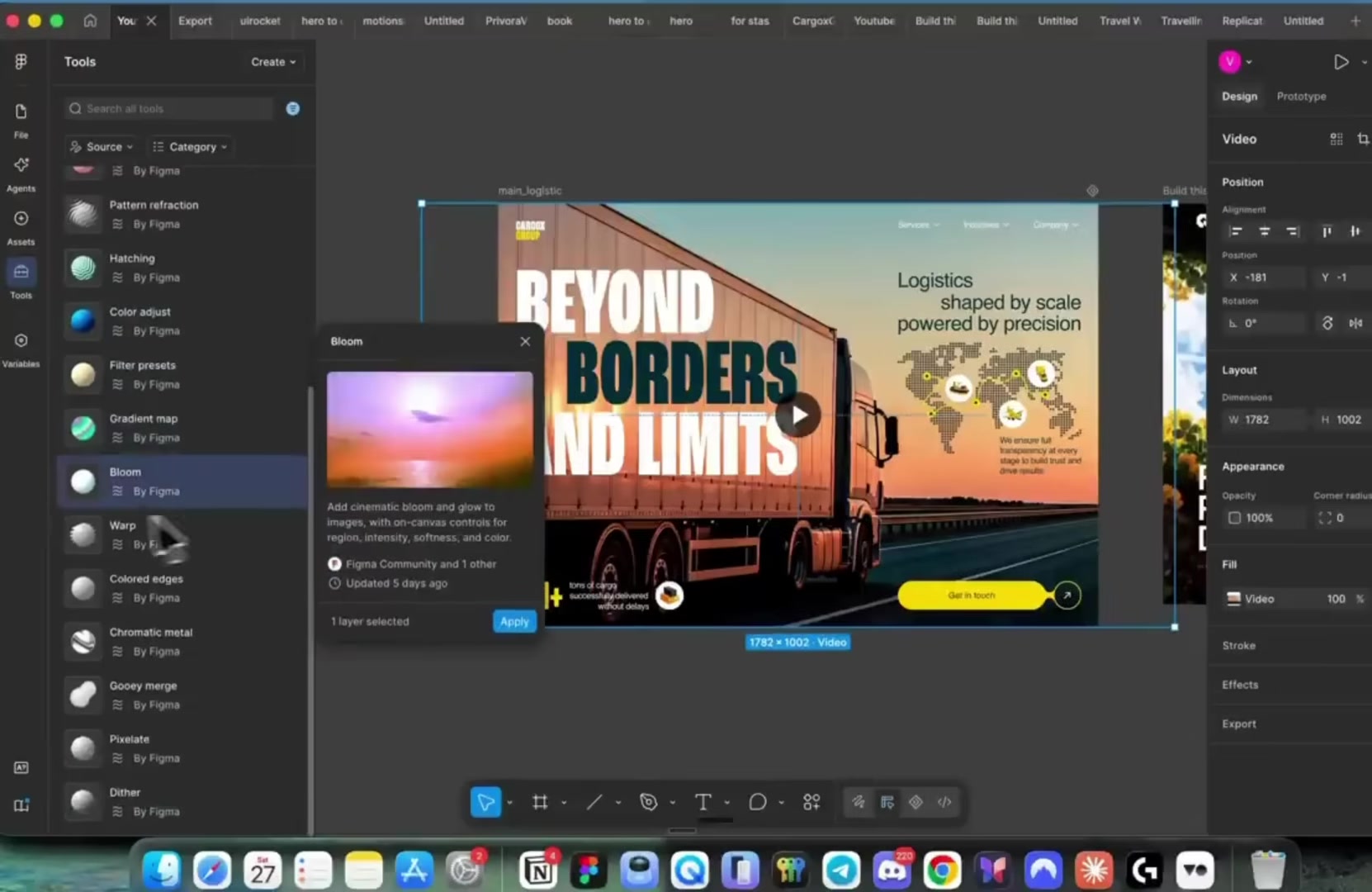 The Bloom filter panel applied directly to a selected video layer