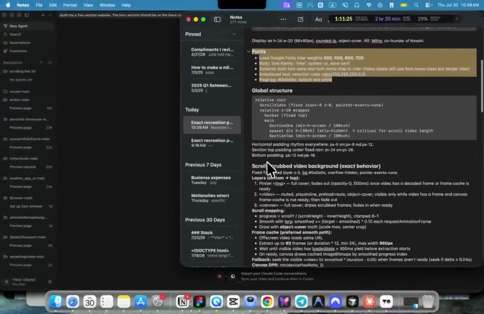 A Notes-app document containing the full technical prompt for the scroll-scrubbed video background, including frame-cache and scroll-mapping math