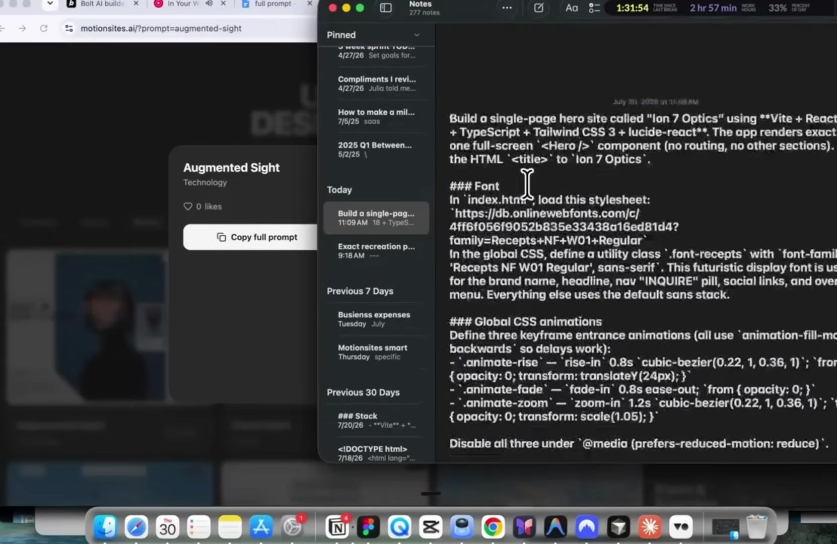 motionsites.ai's Augmented Sight prompt card next to its full Notes-app prompt spec, including a custom display font and CSS animation keyframes