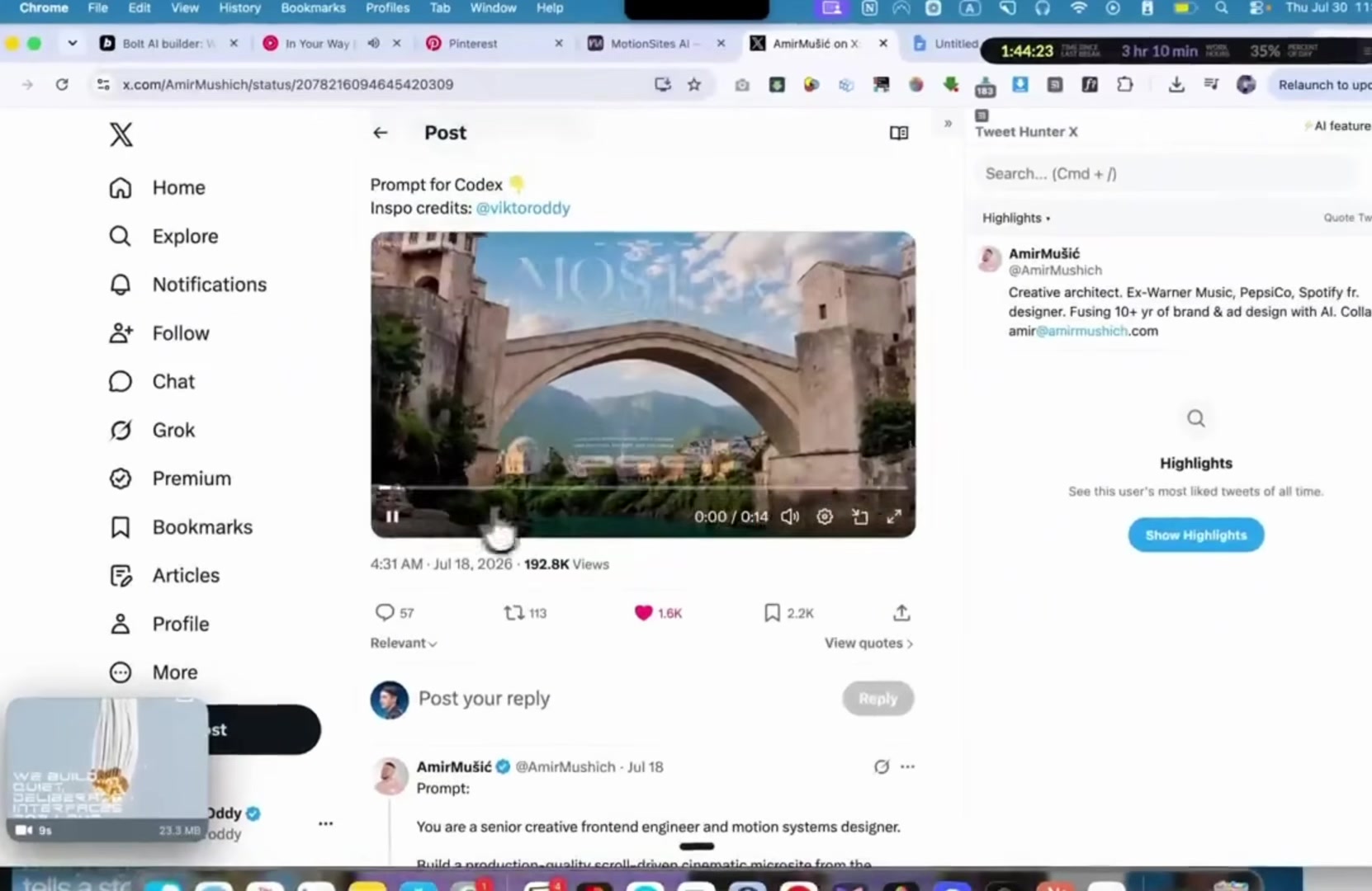 A real viral tweet from @AmirMushich crediting @viktoroddy, a Mostar-bridge video, 192.8K views