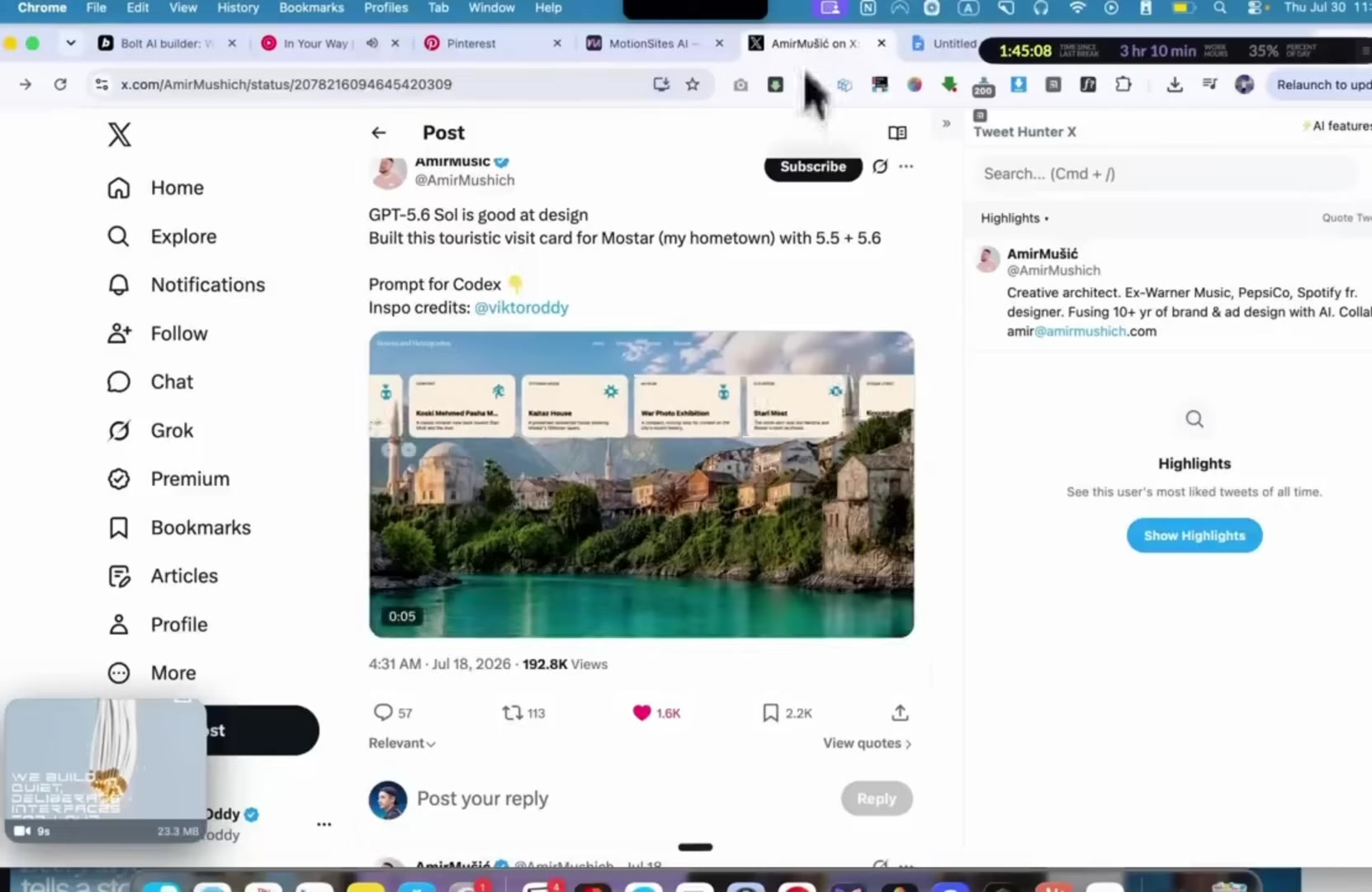 The same tweet thread showing the actual finished Mostar tourism site referenced as an example of good customization
