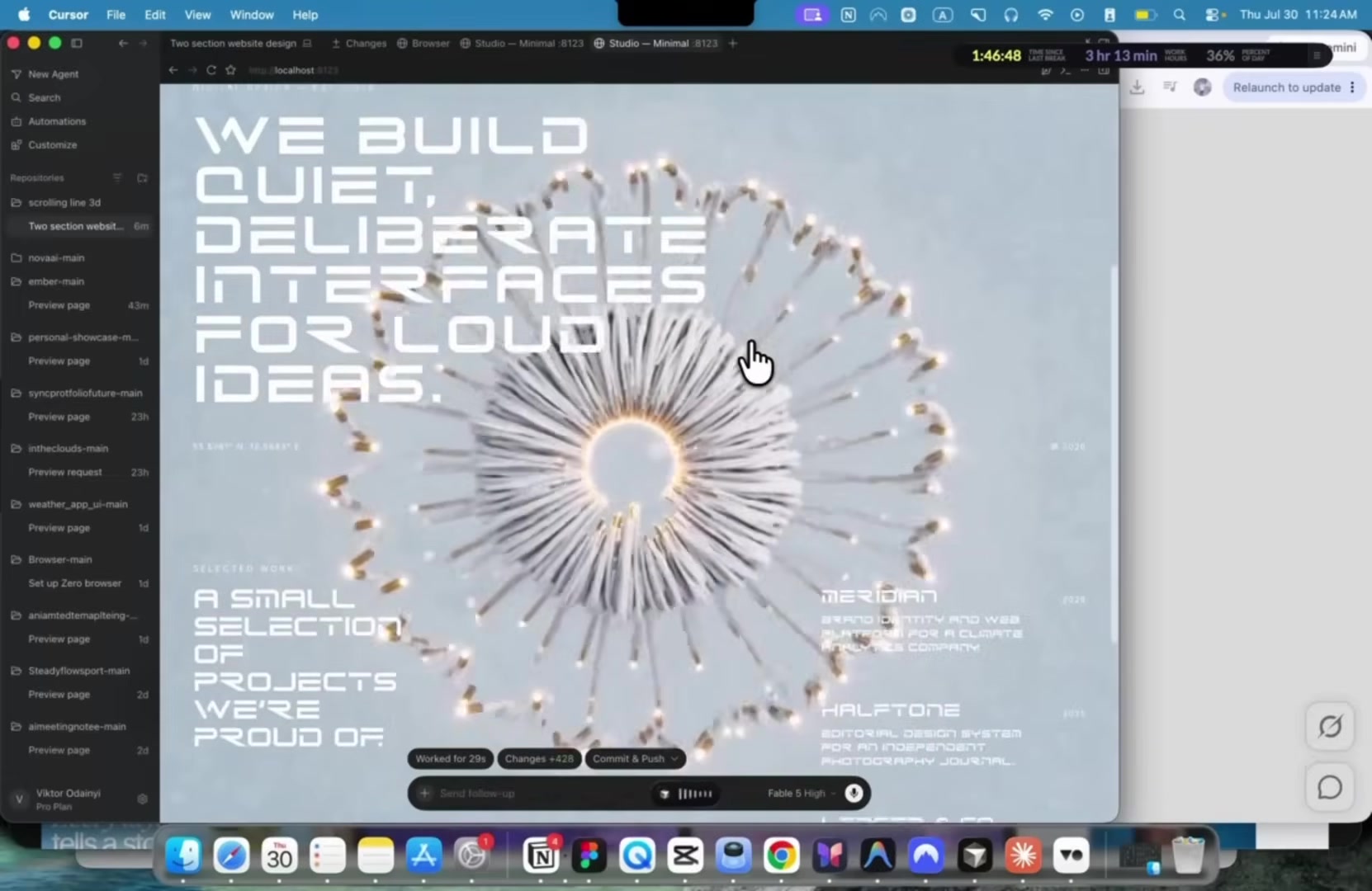 The finished flagship site again, with the Cursor model tag Fable 5 High visible at the bottom of the chat panel