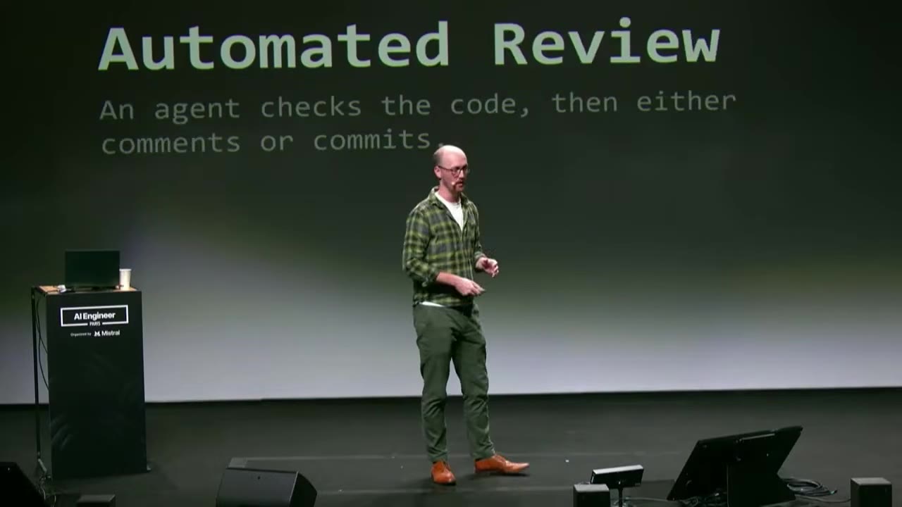 Automated Review slide: an agent checks the code, then either comments or commits